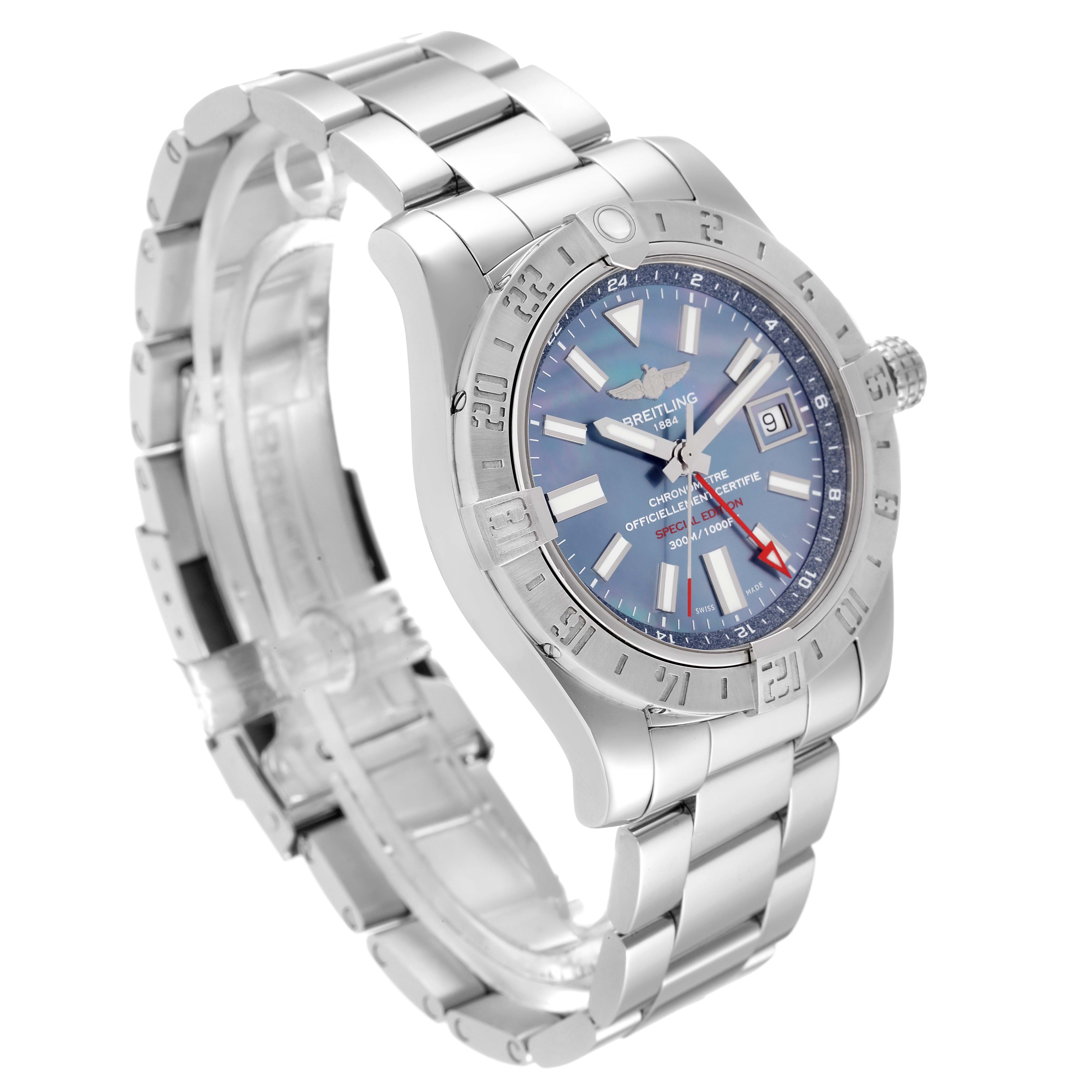 The Breitling Avenger A3239011/C930 Men's Stainless Steel Mother of Pearl Dial A3239011/C930 Men's Stainless Steel Mother of Pearl Dial watch is shown from an angled side view, displaying its dial, bezel, crown, and bracelet.