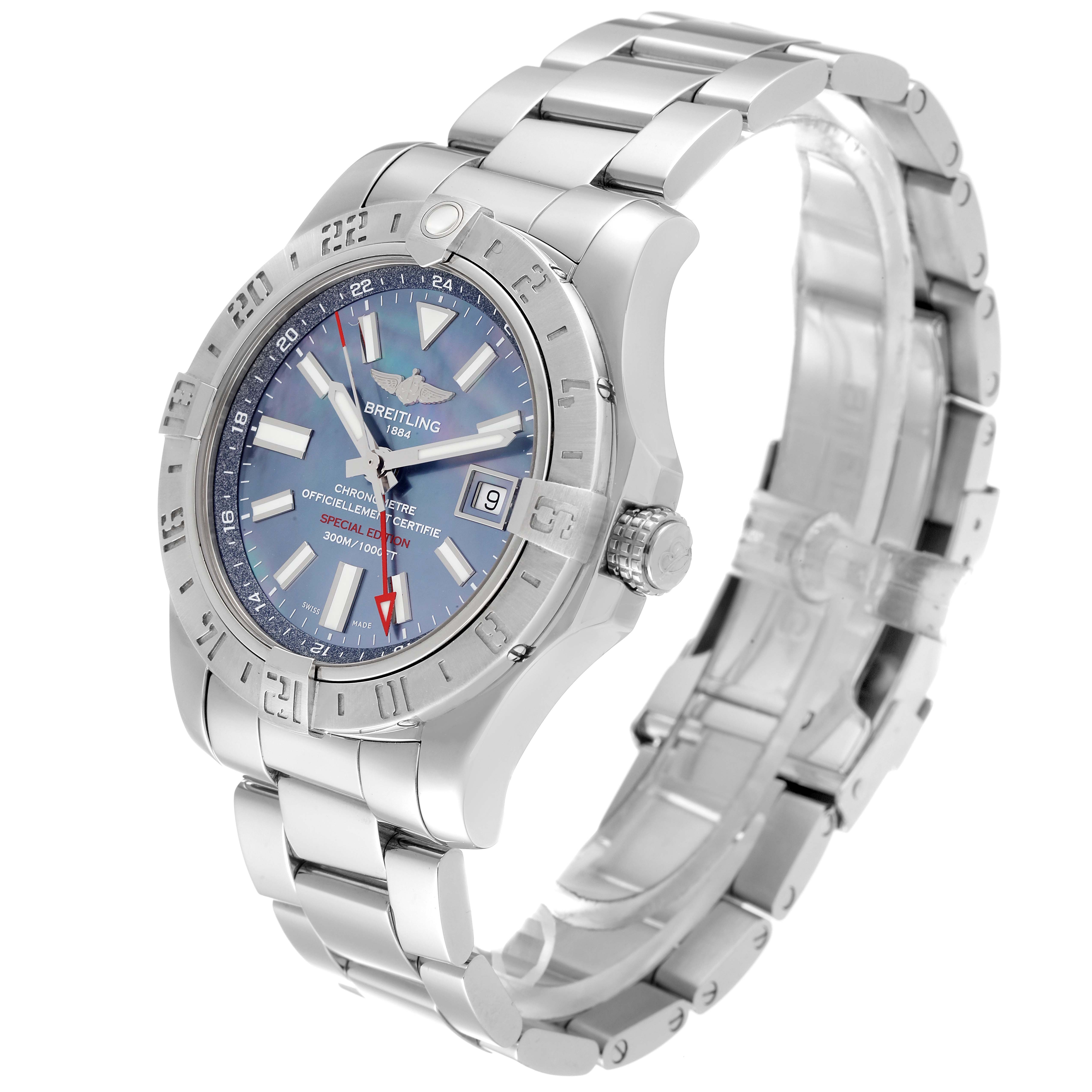 The image shows a Breitling Avenger A3239011/C930 Men's Stainless Steel Mother of Pearl Dial A3239011/C930 Men's Stainless Steel Mother of Pearl Dial watch at a slight angling view revealing the face, bezel, and part of the metal bracelet.