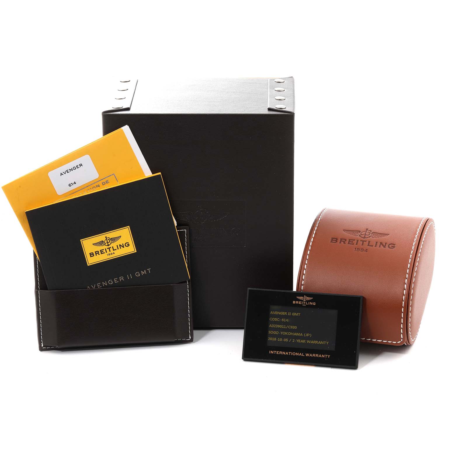 The image shows the packaging, manuals, warranty card, and leather case for the Breitling Avenger A3239011/C930 Men's Stainless Steel Mother of Pearl Dial A3239011/C930 Men's Stainless Steel Mother of Pearl Dial II GMT watch.