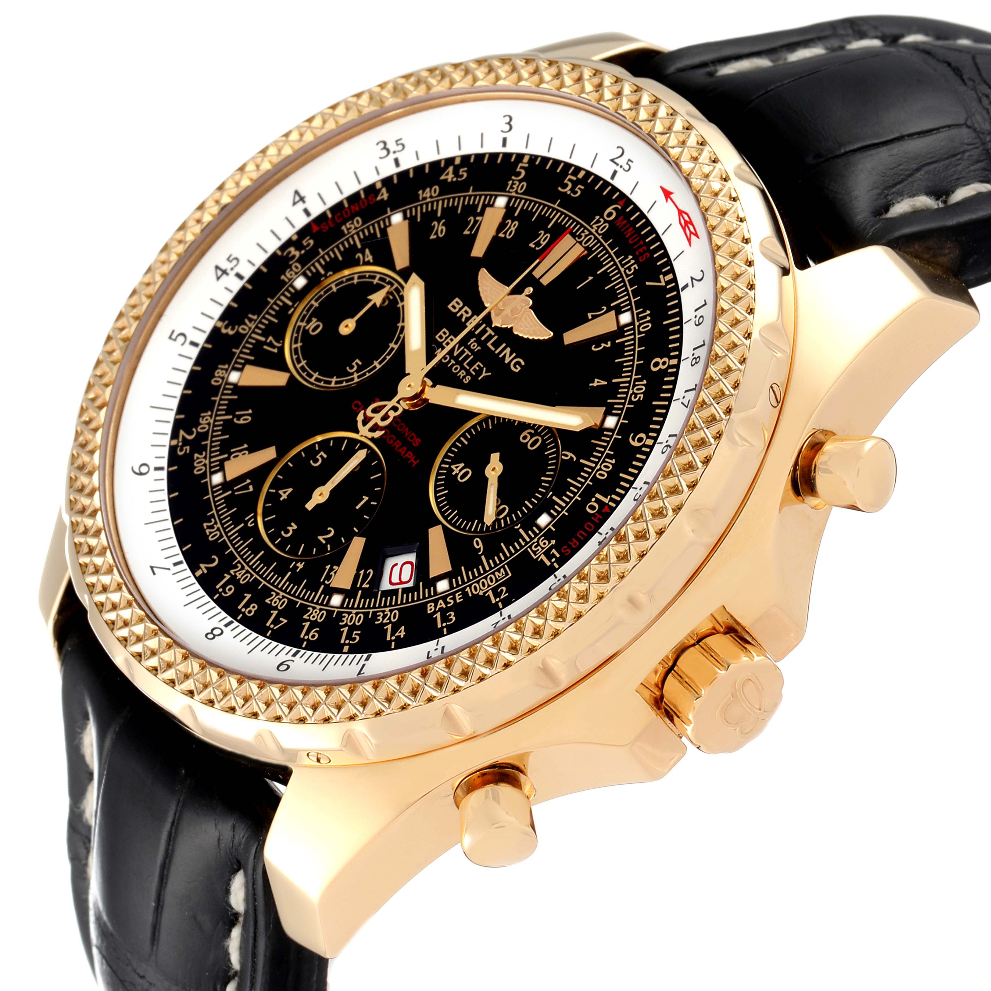 The image shows a Bentley model by Breitling from an angled side view, revealing the intricate dial, bezel, pushers, and leather strap.