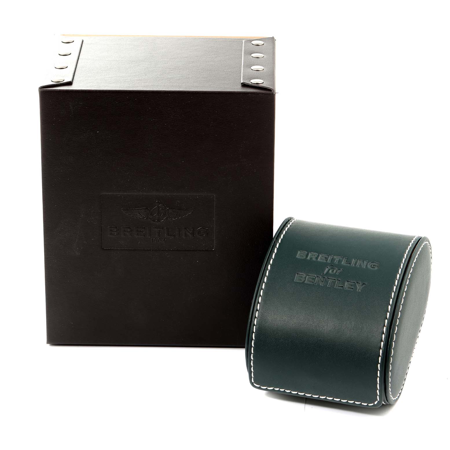 The image shows a Breitling Bentley K25362 Men's Yellow Gold Black Dial K25362 Men's Yellow Gold Black Dial watch box and leather travel case angled from the front.