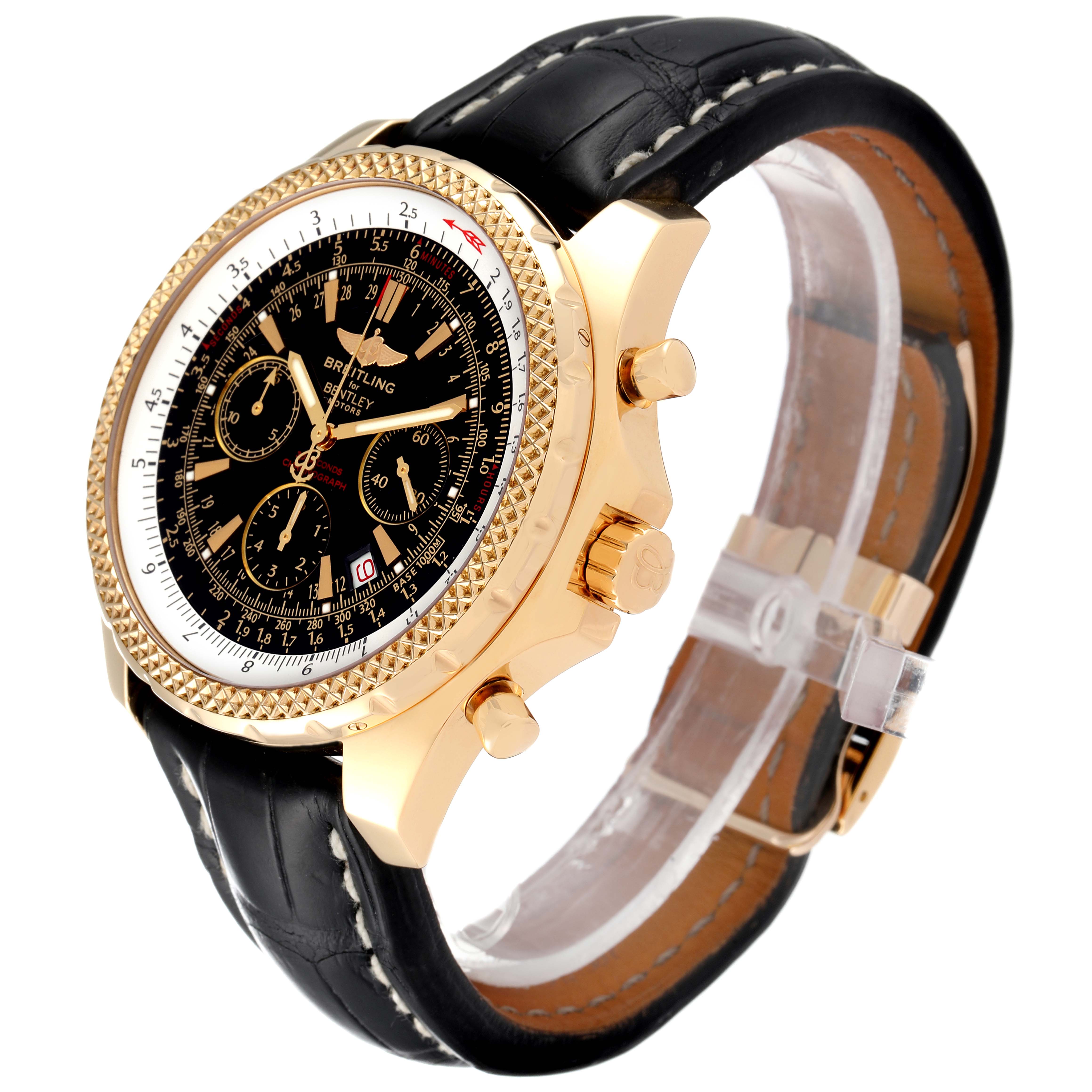 The image shows a Bentley model by Breitling from an angled side view, highlighting the dial, bezel, case, and leather strap.