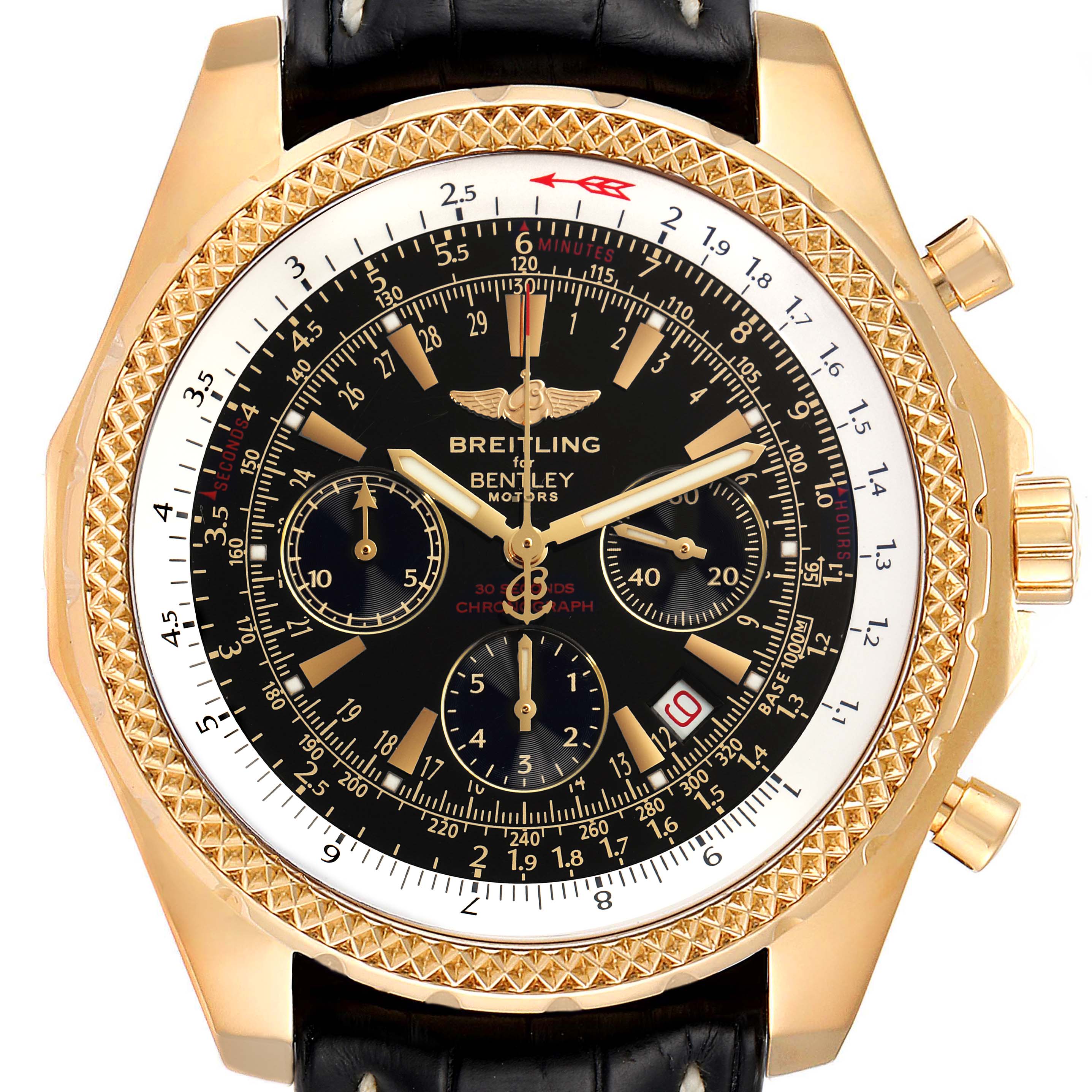 This image shows a front view of the Breitling Bentley K25362 Men's Yellow Gold Black Dial K25362 Men's Yellow Gold Black Dial model watch, featuring its black dial, gold case, chronograph subdials, and date window.
