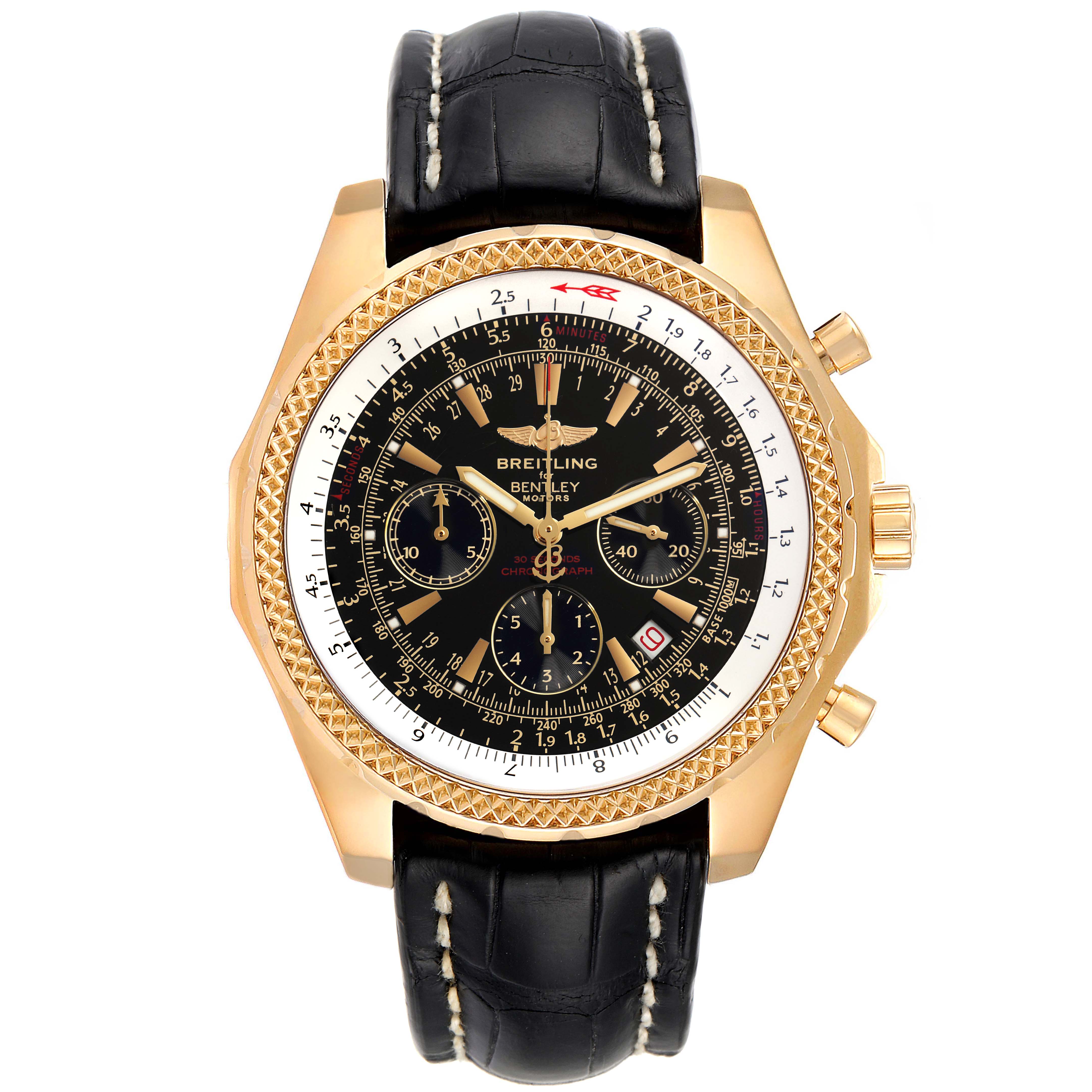 The image shows a front view of a Breitling Bentley K25362 Men's Yellow Gold Black Dial K25362 Men's Yellow Gold Black Dial watch, displaying its face, dials, bezel, and black leather strap.