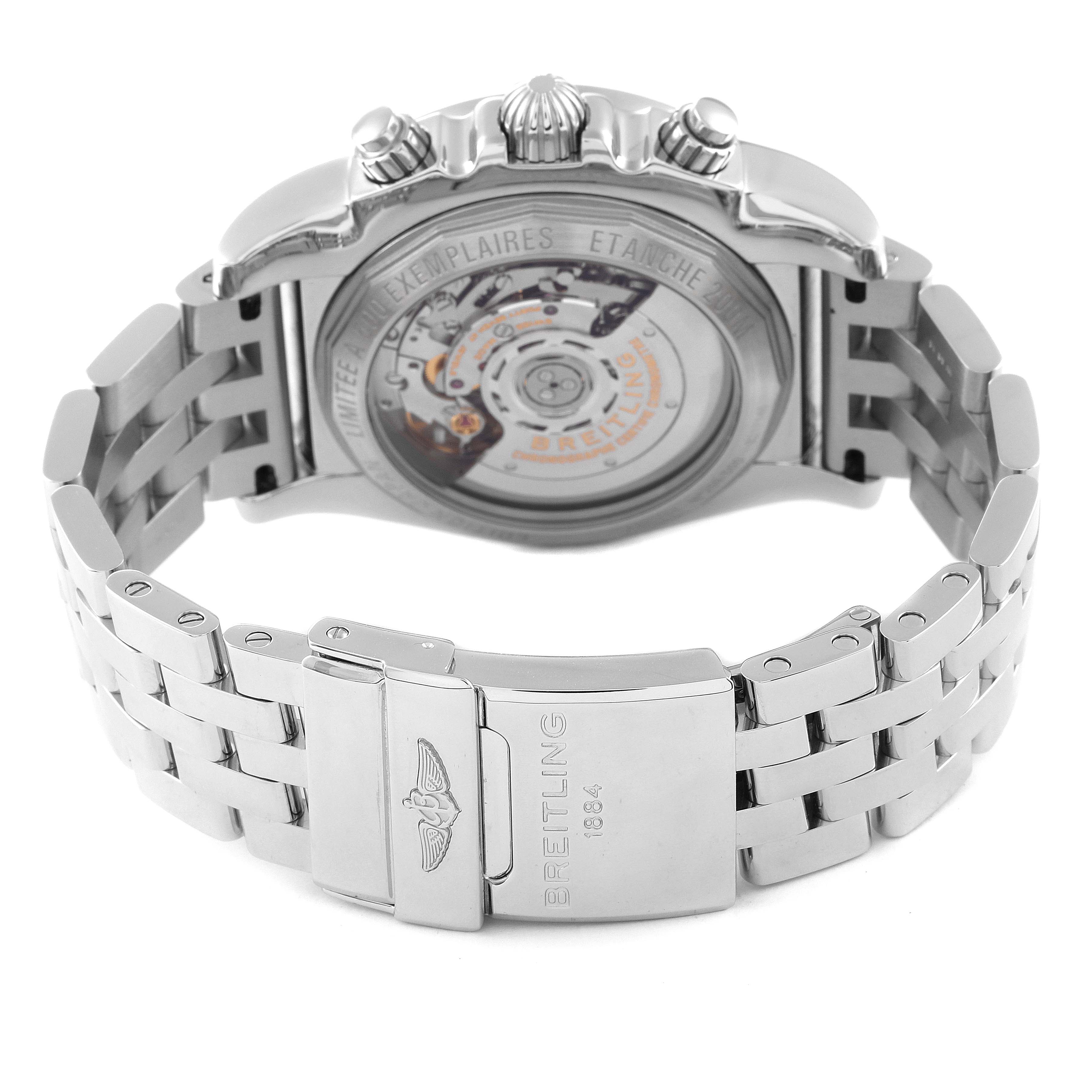 This image shows the back view of a Breitling Chronomat AB01111A/BF68 Men
s Stainless Steel Mother of Pearl Dial AB01111A/BF68 Men
s Stainless Steel Mother of Pearl Dial watch highlighting its clasp and exposed automatic movement.