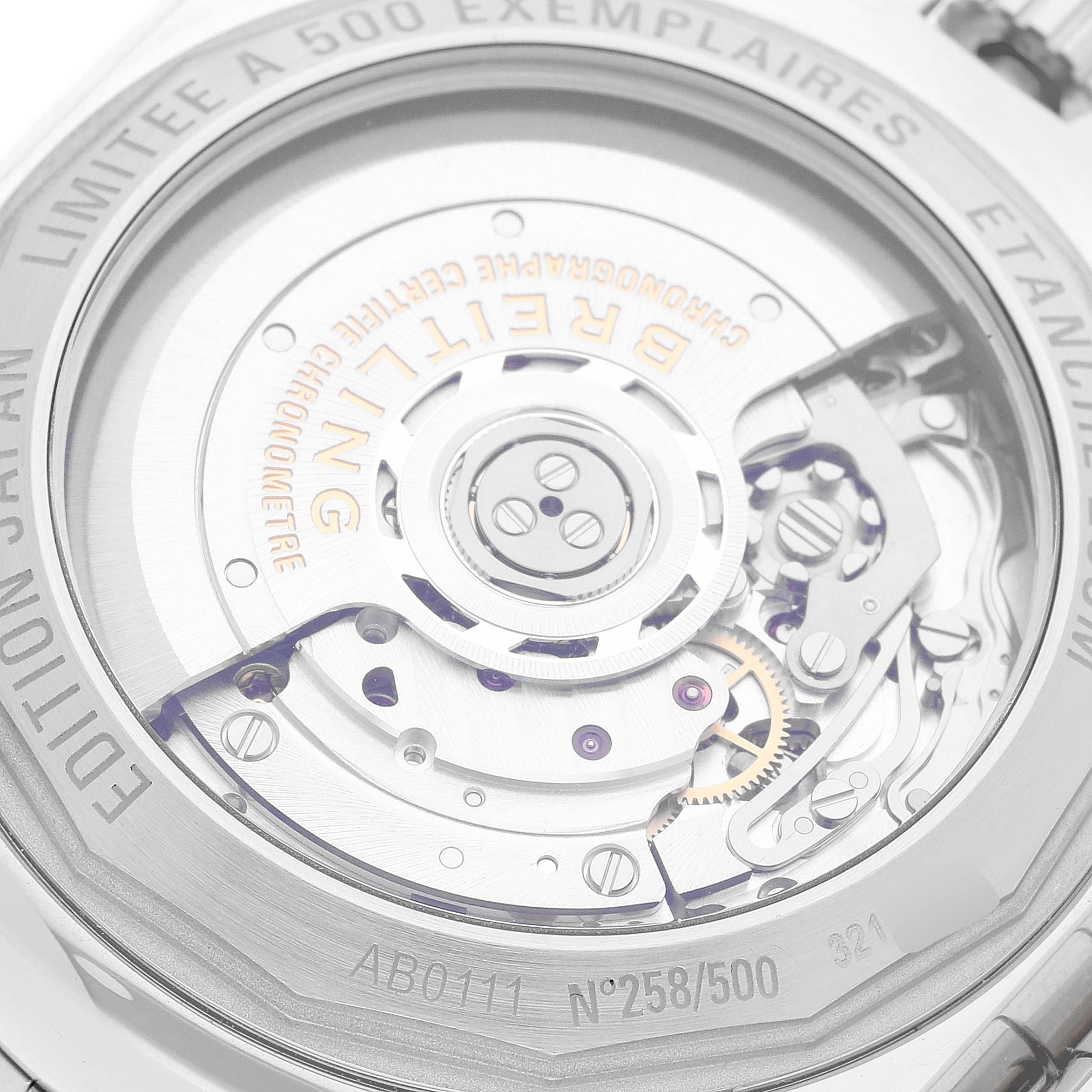 This image shows the back of a Breitling Chronomat AB01111A/BF68 Men
s Stainless Steel Mother of Pearl Dial AB01111A/BF68 Men
s Stainless Steel Mother of Pearl Dial watch, highlighting its intricate internal mechanisms and limited edition engraving.