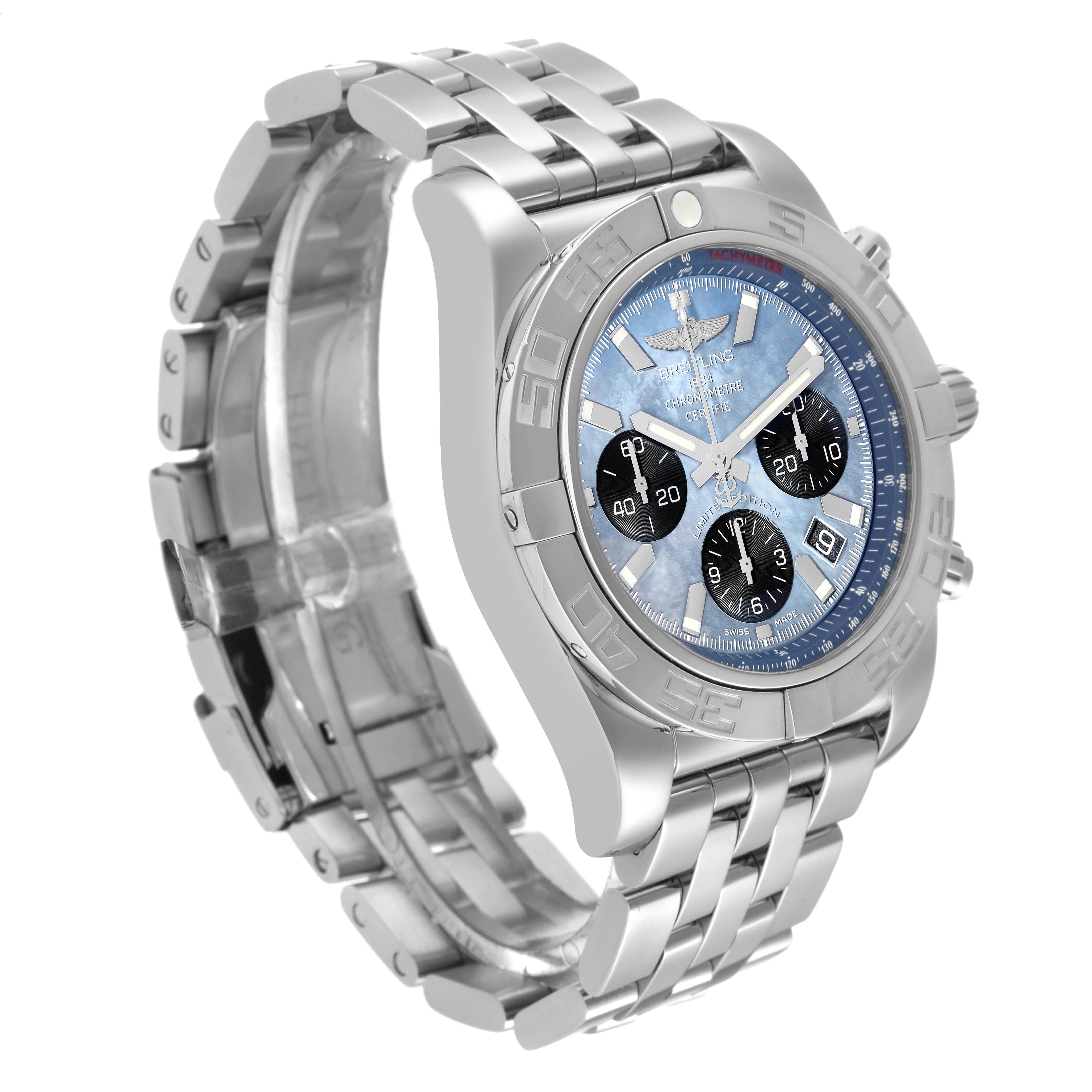 The image shows a Breitling Chronomat AB01111A/BF68 Men
s Stainless Steel Mother of Pearl Dial AB01111A/BF68 Men
s Stainless Steel Mother of Pearl Dial watch at an angle highlighting its face, case, and metal bracelet.