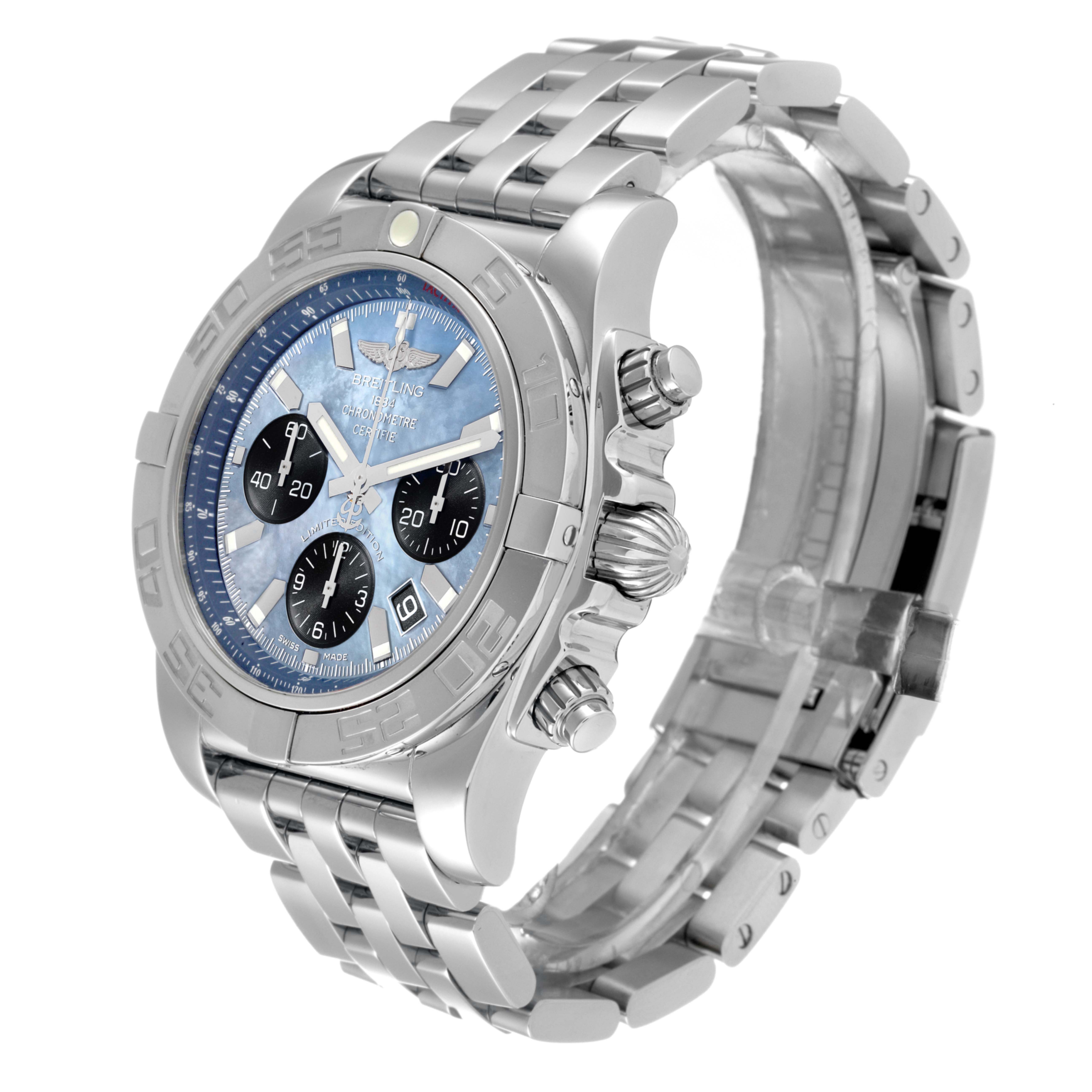 The Breitling Chronomat AB01111A/BF68 Men
s Stainless Steel Mother of Pearl Dial AB01111A/BF68 Men
s Stainless Steel Mother of Pearl Dial watch is shown at an angle highlighting its face, case, crown, and metal bracelet.