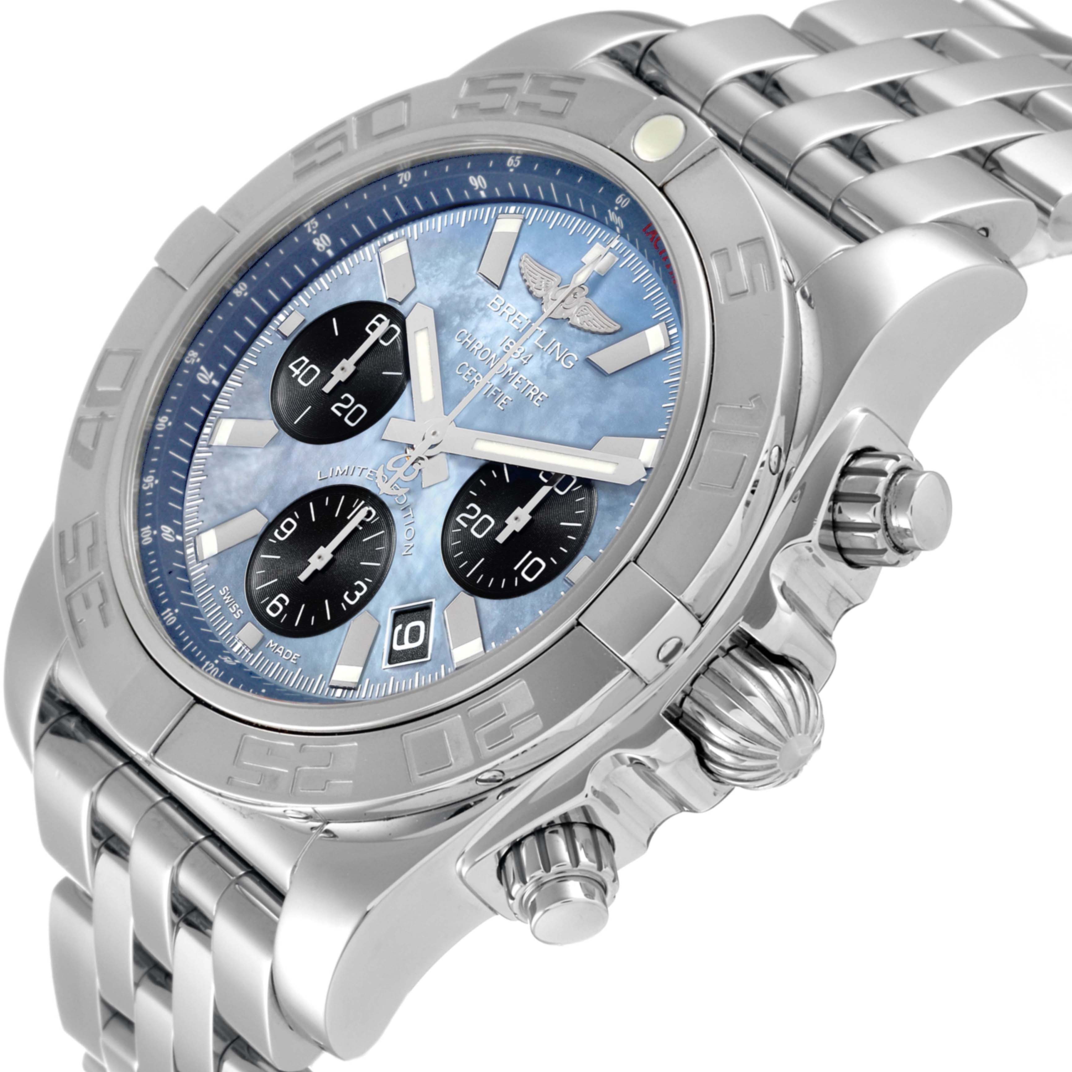 The image shows a side angle of the Breitling Chronomat AB01111A/BF68 Men
s Stainless Steel Mother of Pearl Dial AB01111A/BF68 Men
s Stainless Steel Mother of Pearl Dial watch, highlighting its face, bezel, crown, and stainless steel bracelet.