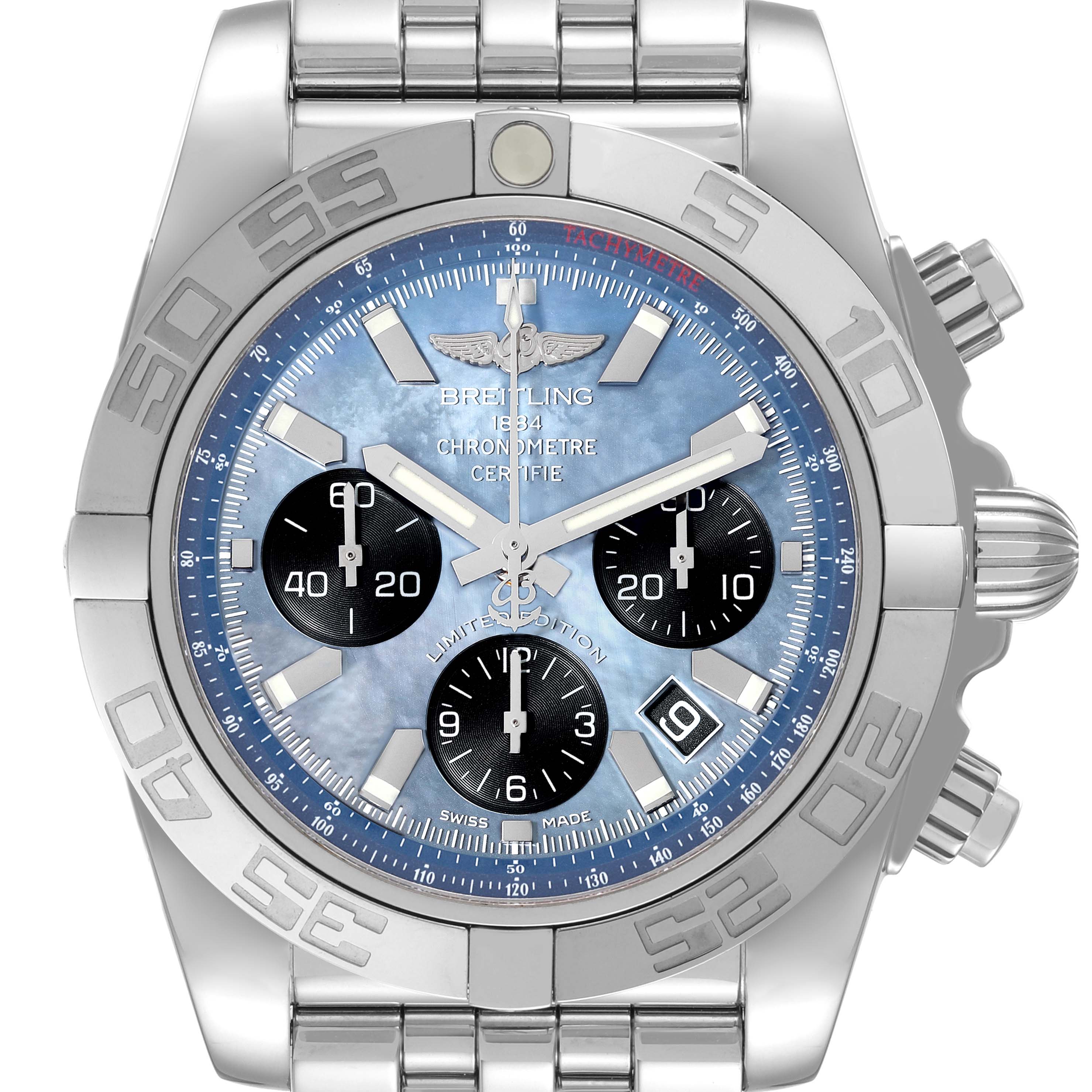 The image shows a front view of the Breitling Chronomat AB01111A/BF68 Men
s Stainless Steel Mother of Pearl Dial AB01111A/BF68 Men
s Stainless Steel Mother of Pearl Dial watch, highlighting its blue dial, chronograph subdials, and stainless steel bezel.