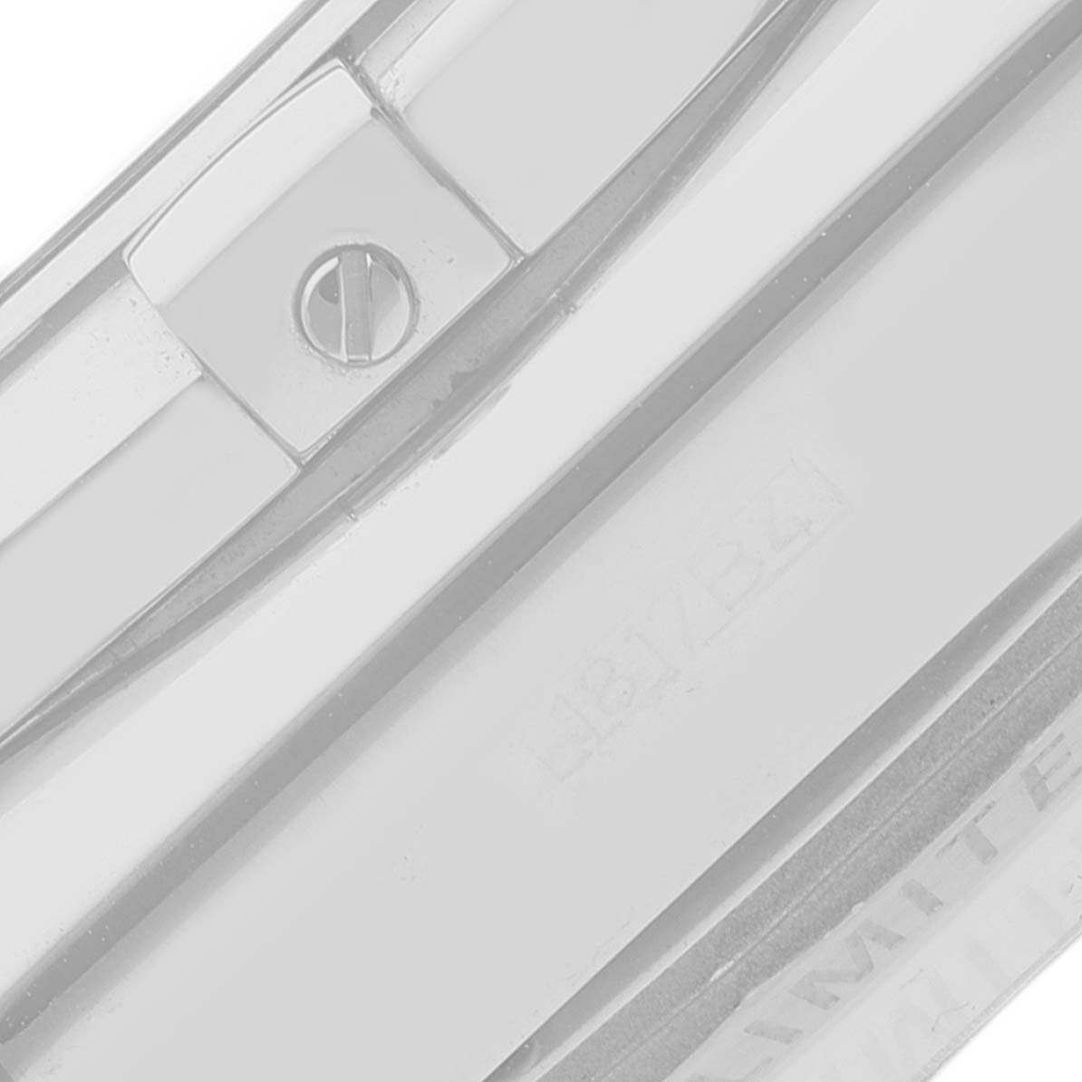 This image shows a close-up view of the Breitling Chronomat AB01111A/BF68 Men
s Stainless Steel Mother of Pearl Dial AB01111A/BF68 Men
s Stainless Steel Mother of Pearl Dial watch band
s clasps and a screw detail.