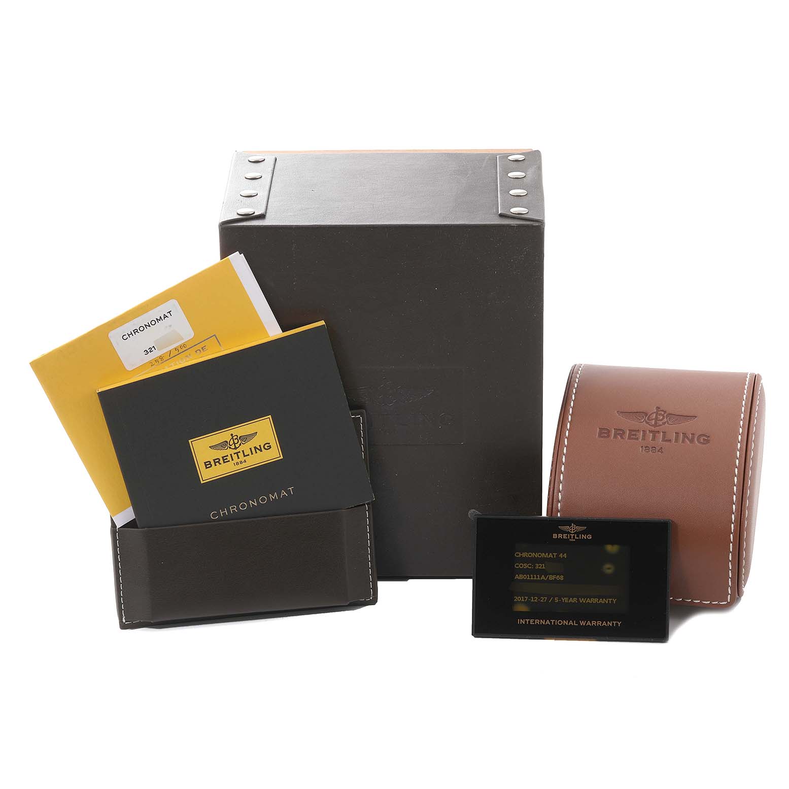 The image shows the packaging, manual, warranty card, and a leather case for the Breitling Chronomat AB01111A/BF68 Men
s Stainless Steel Mother of Pearl Dial AB01111A/BF68 Men
s Stainless Steel Mother of Pearl Dial watch model.