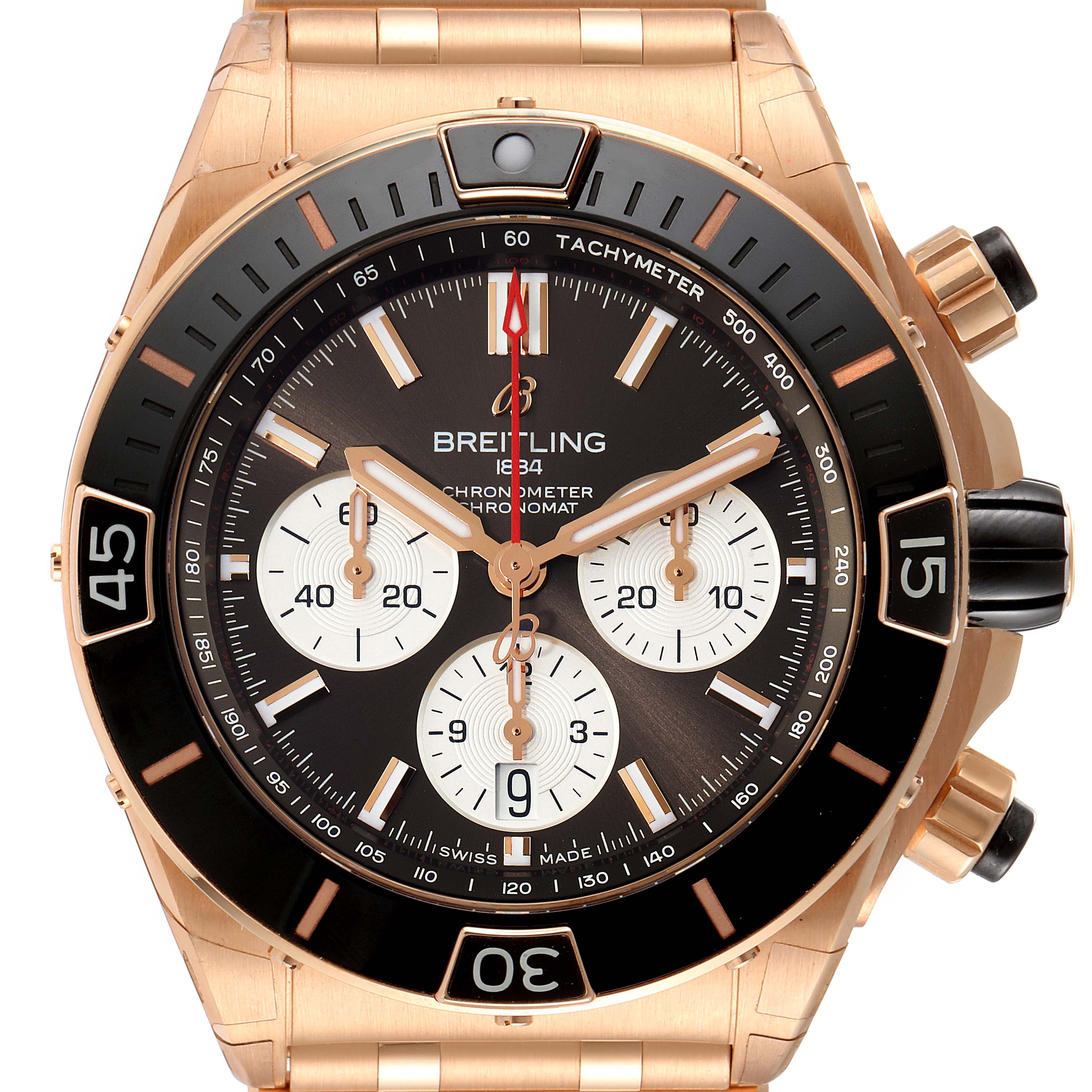 This image shows a front view of the Breitling Chronomat RB0136E31Q1R1 Men's Rose Gold Brown Dial RB0136E31Q1R1 Men's Rose Gold Brown Dial watch, highlighting its dial, bezel, subdials, and crown.