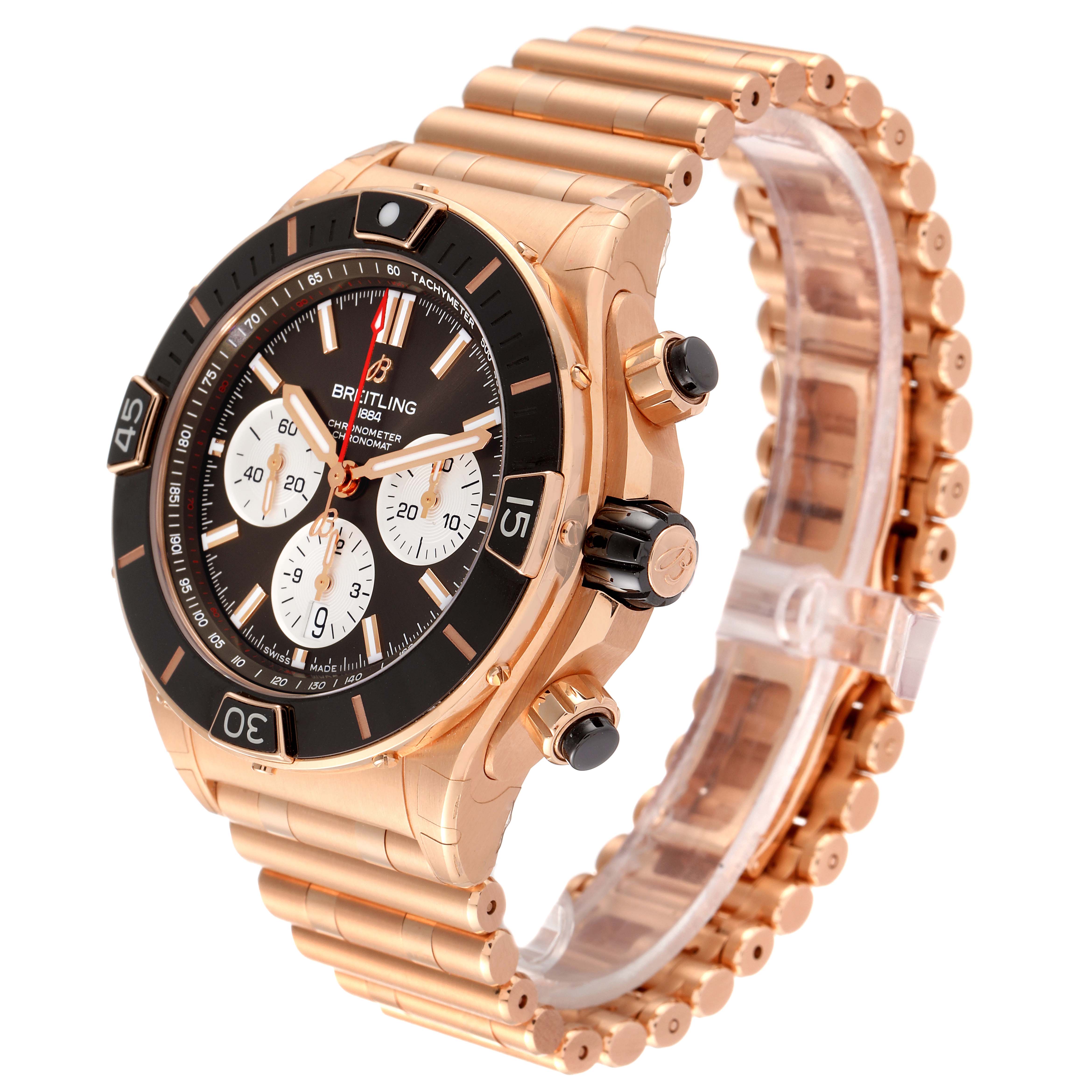 The image shows a Breitling Chronomat RB0136E31Q1R1 Men's Rose Gold Brown Dial RB0136E31Q1R1 Men's Rose Gold Brown Dial watch in a three-quarter angled view, showcasing the dial, bezel, crown, and bracelet.