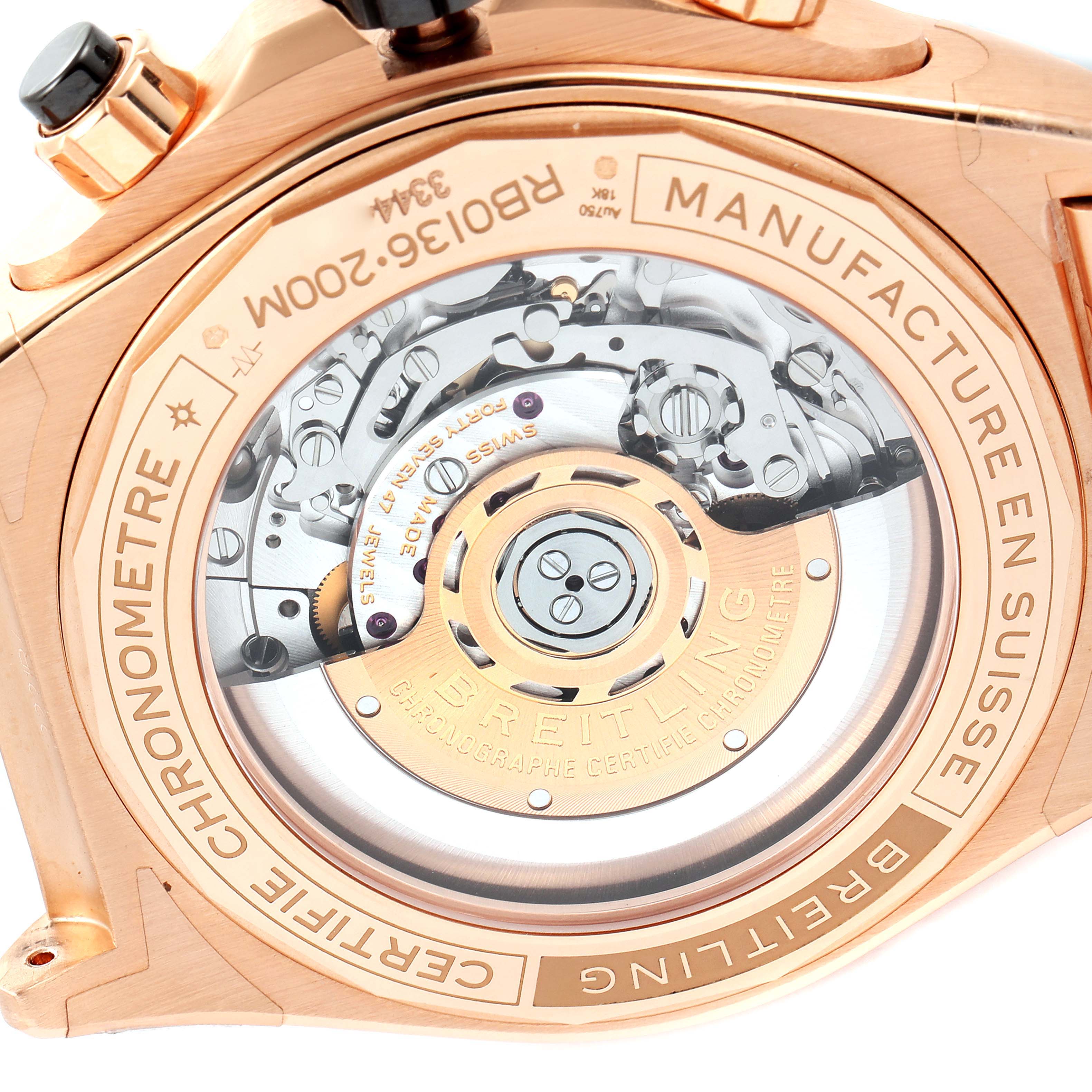 The image shows the case back of a Breitling Chronomat RB0136E31Q1R1 Men's Rose Gold Brown Dial RB0136E31Q1R1 Men's Rose Gold Brown Dial, revealing the intricate internal mechanism.