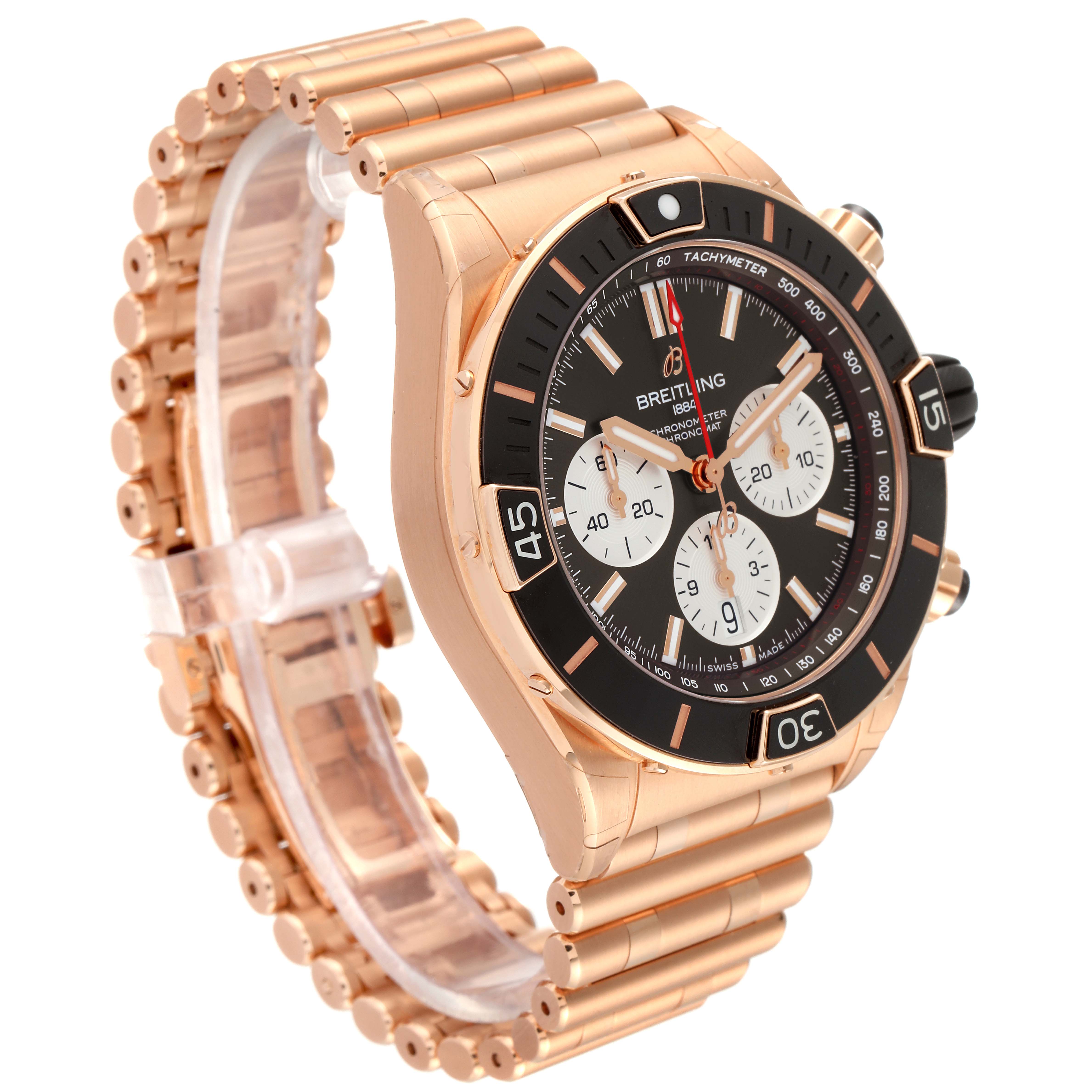 The image shows a Breitling Chronomat RB0136E31Q1R1 Men's Rose Gold Brown Dial RB0136E31Q1R1 Men's Rose Gold Brown Dial watch at a 3/4 angle, focusing on the face, bezel, and bracelet.