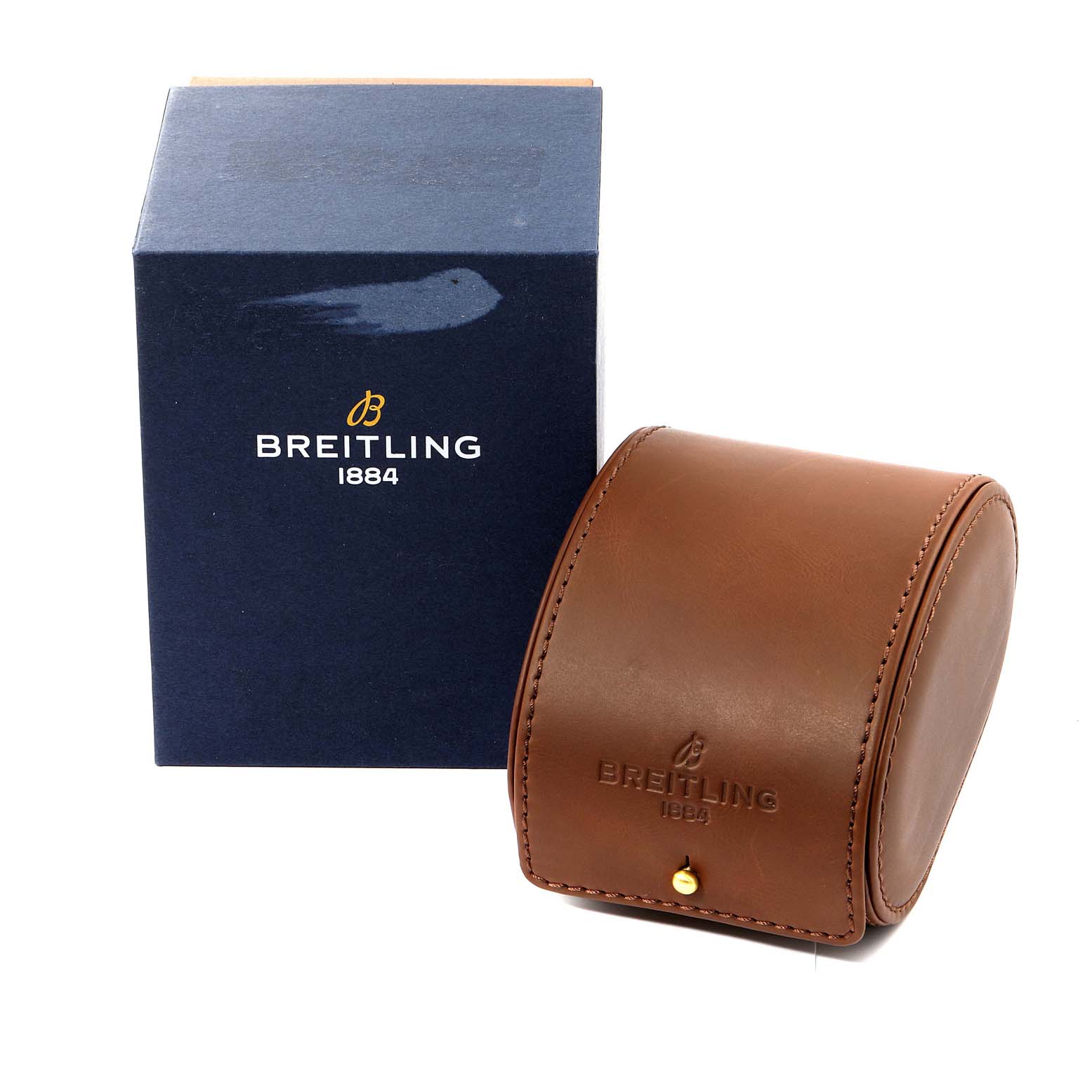 The image shows a Breitling Chronomat RB0136E31Q1R1 Men's Rose Gold Brown Dial RB0136E31Q1R1 Men's Rose Gold Brown Dial watch's leather case and its blue branded box.