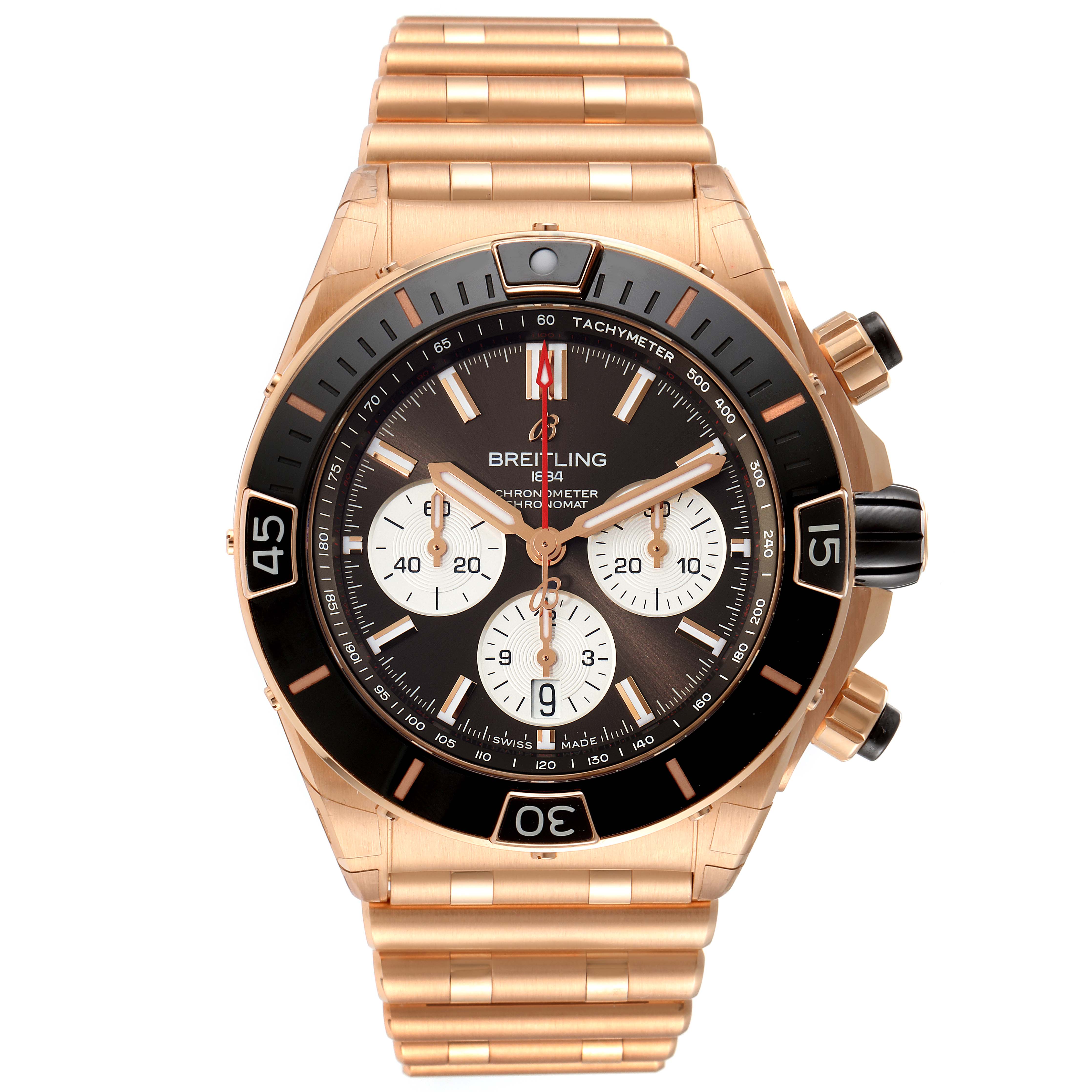 The image shows a front view of a Breitling Chronomat RB0136E31Q1R1 Men's Rose Gold Brown Dial RB0136E31Q1R1 Men's Rose Gold Brown Dial watch, showcasing its dial, bezel, and bracelet.