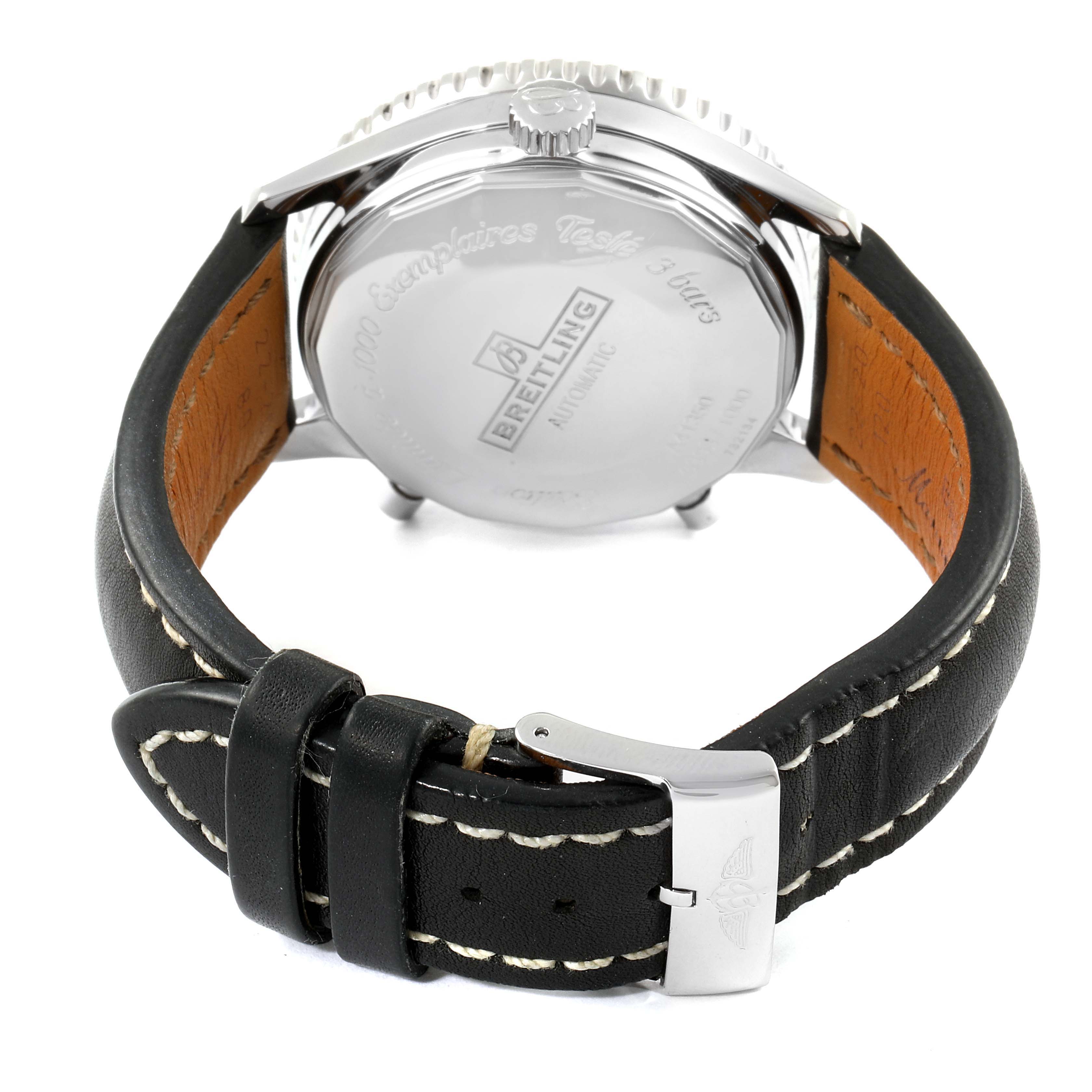 The image shows the back and strap of the Breitling Chronomatic A41350 Men's Stainless Steel Black Dial A41350 Men's Stainless Steel Black Dial watch, displaying the case back, crown, and black leather strap with stitching.