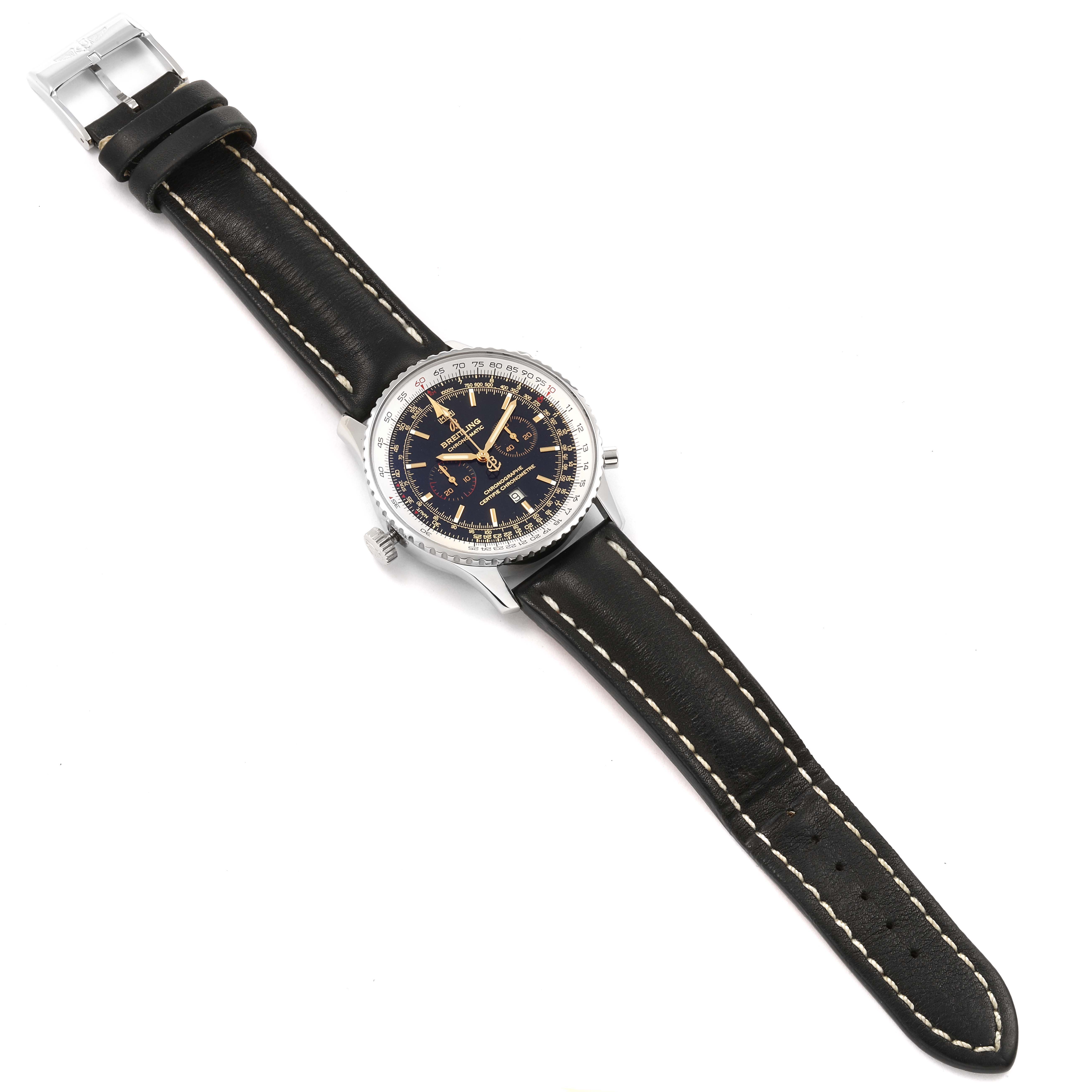 The Breitling Chronomatic A41350 Men's Stainless Steel Black Dial A41350 Men's Stainless Steel Black Dial watch is shown from a top-down angle, featuring its black dial, chronograph, and black leather strap.