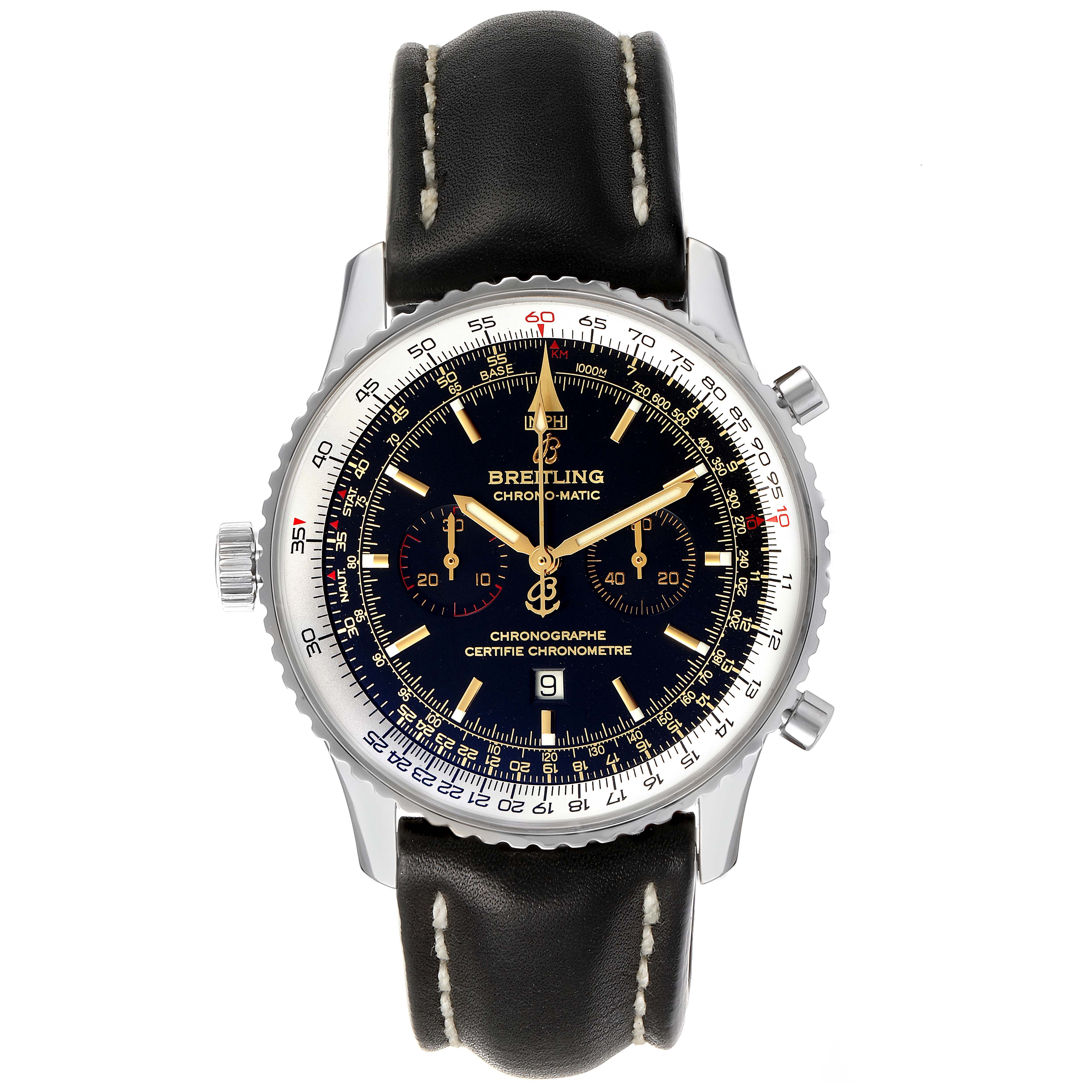 The image shows a front view of the Breitling Chronomatic A41350 Men's Stainless Steel Black Dial A41350 Men's Stainless Steel Black Dial watch, displaying its dial, bezel, and leather strap.