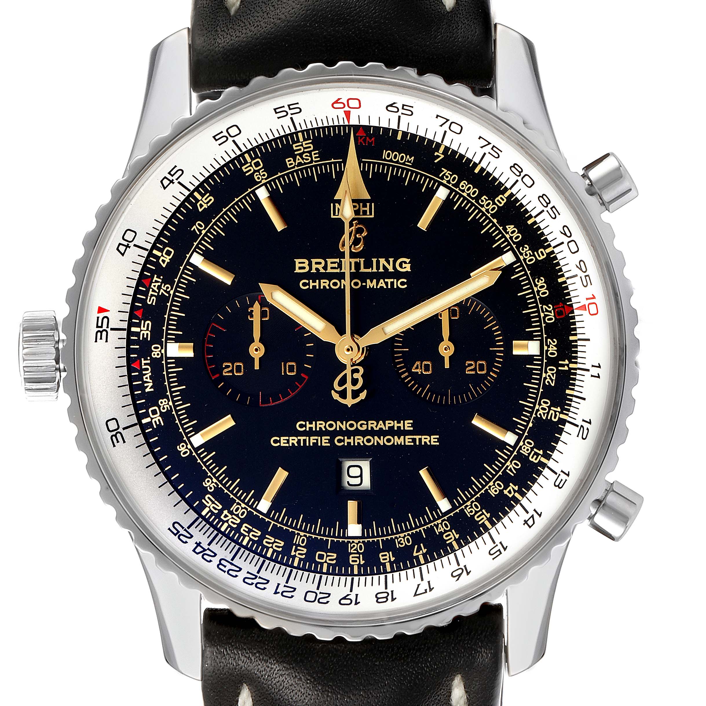 This image shows a front view of the Breitling Chronomatic A41350 Men's Stainless Steel Black Dial A41350 Men's Stainless Steel Black Dial model watch, featuring a black dial, chronograph subdials, and a date display.