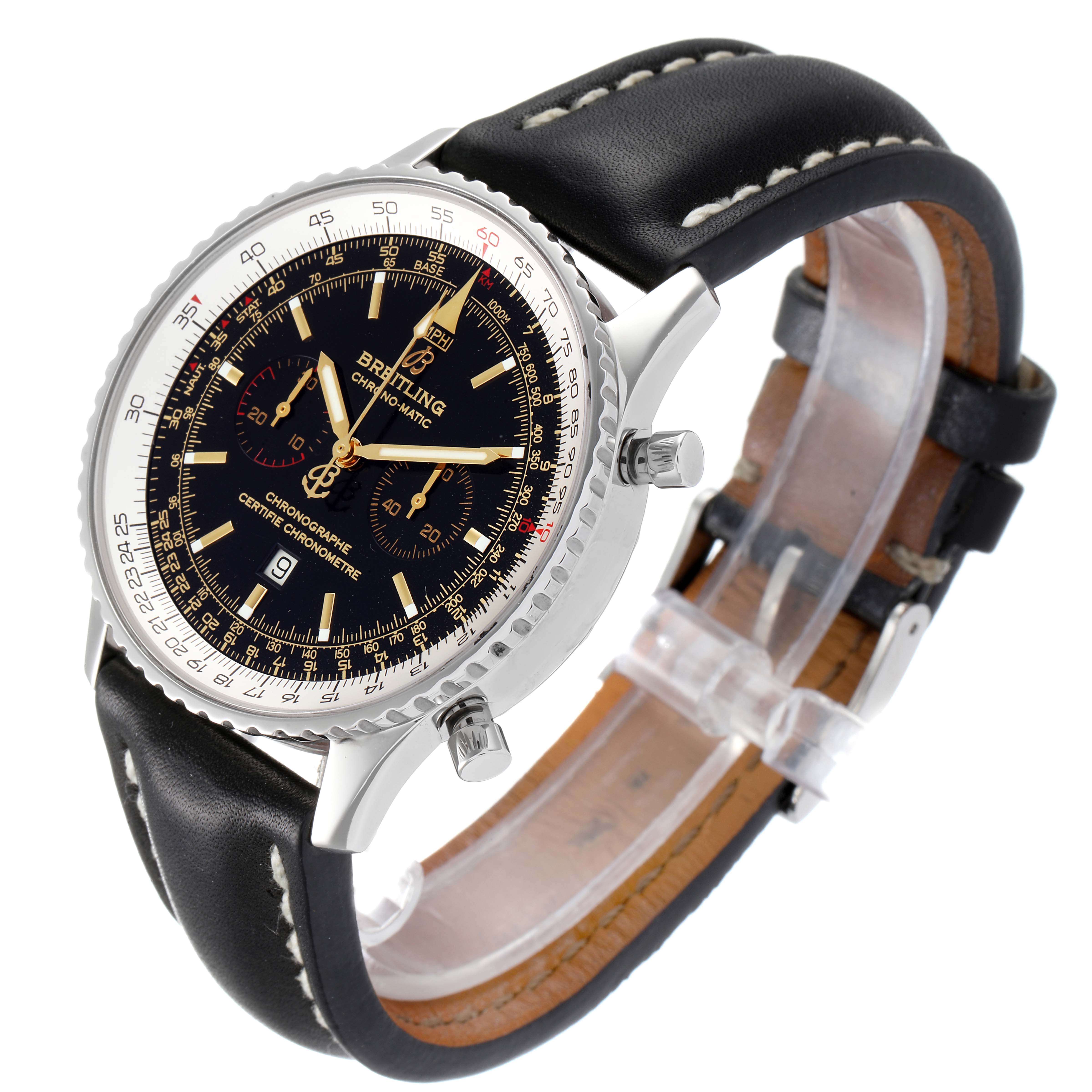 The Breitling Chronomatic A41350 Men's Stainless Steel Black Dial A41350 Men's Stainless Steel Black Dial watch is shown at a three-quarter angle, displaying its dial, bezel, crown, pushers, and black leather strap.