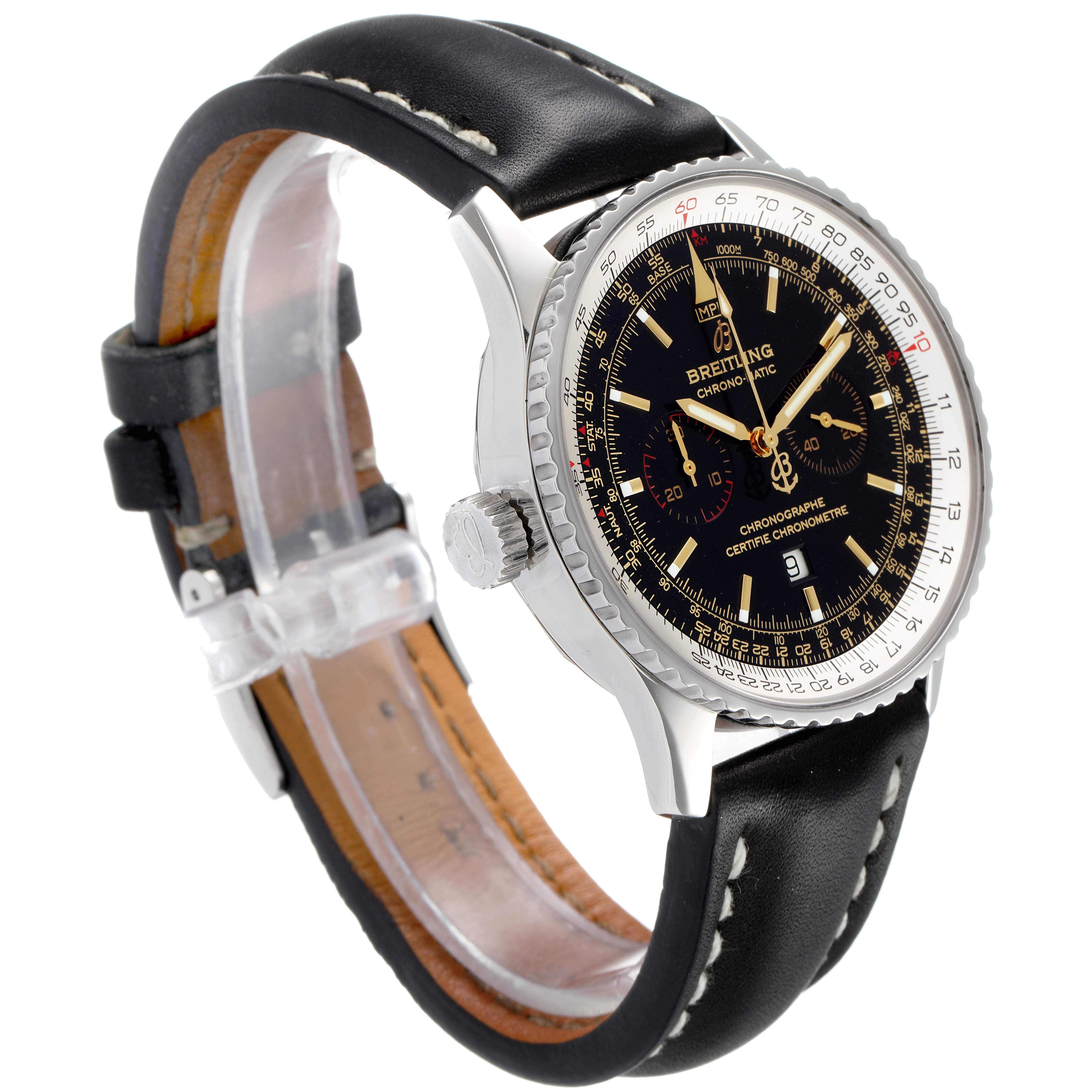 This image shows a Breitling Chronomatic A41350 Men's Stainless Steel Black Dial A41350 Men's Stainless Steel Black Dial watch from a side angle, displaying the face, bezel, crown, and leather strap.