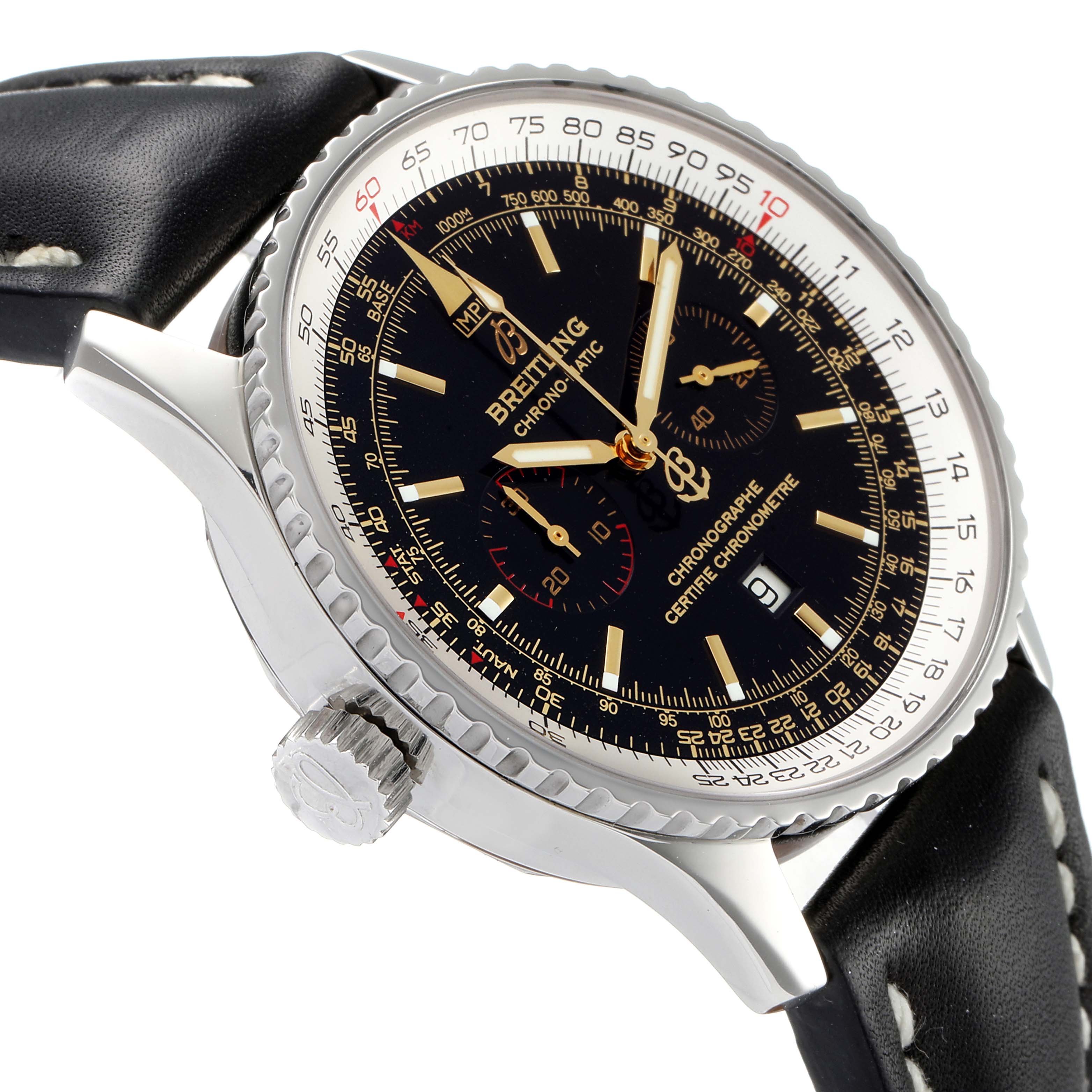 The image shows a side-angle view of the Breitling Chronomatic A41350 Men's Stainless Steel Black Dial A41350 Men's Stainless Steel Black Dial watch, displaying its face, bezel, crown, and leather strap.