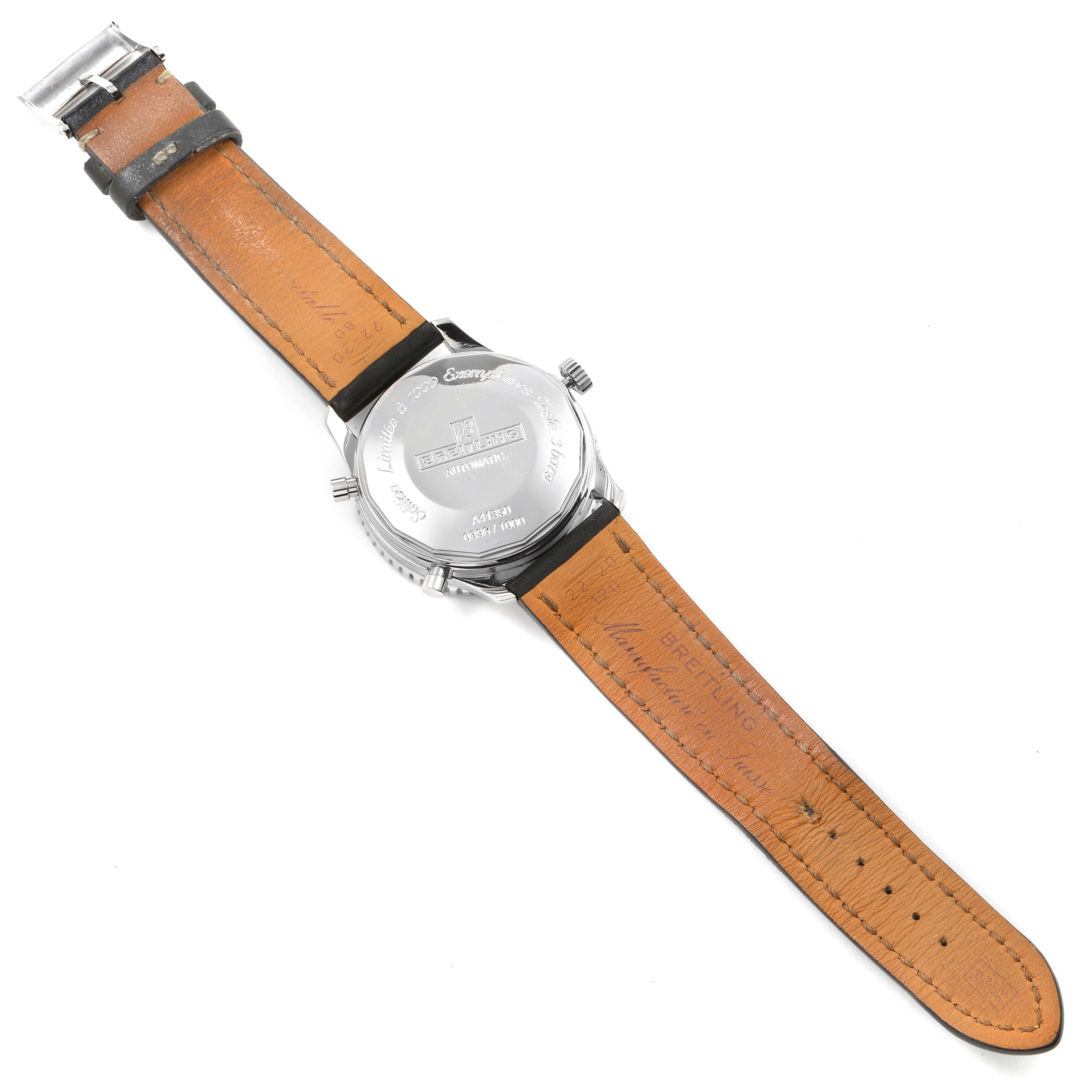 The image shows the back side and leather strap of a Breitling Chronomatic A41350 Men's Stainless Steel Black Dial A41350 Men's Stainless Steel Black Dial watch.