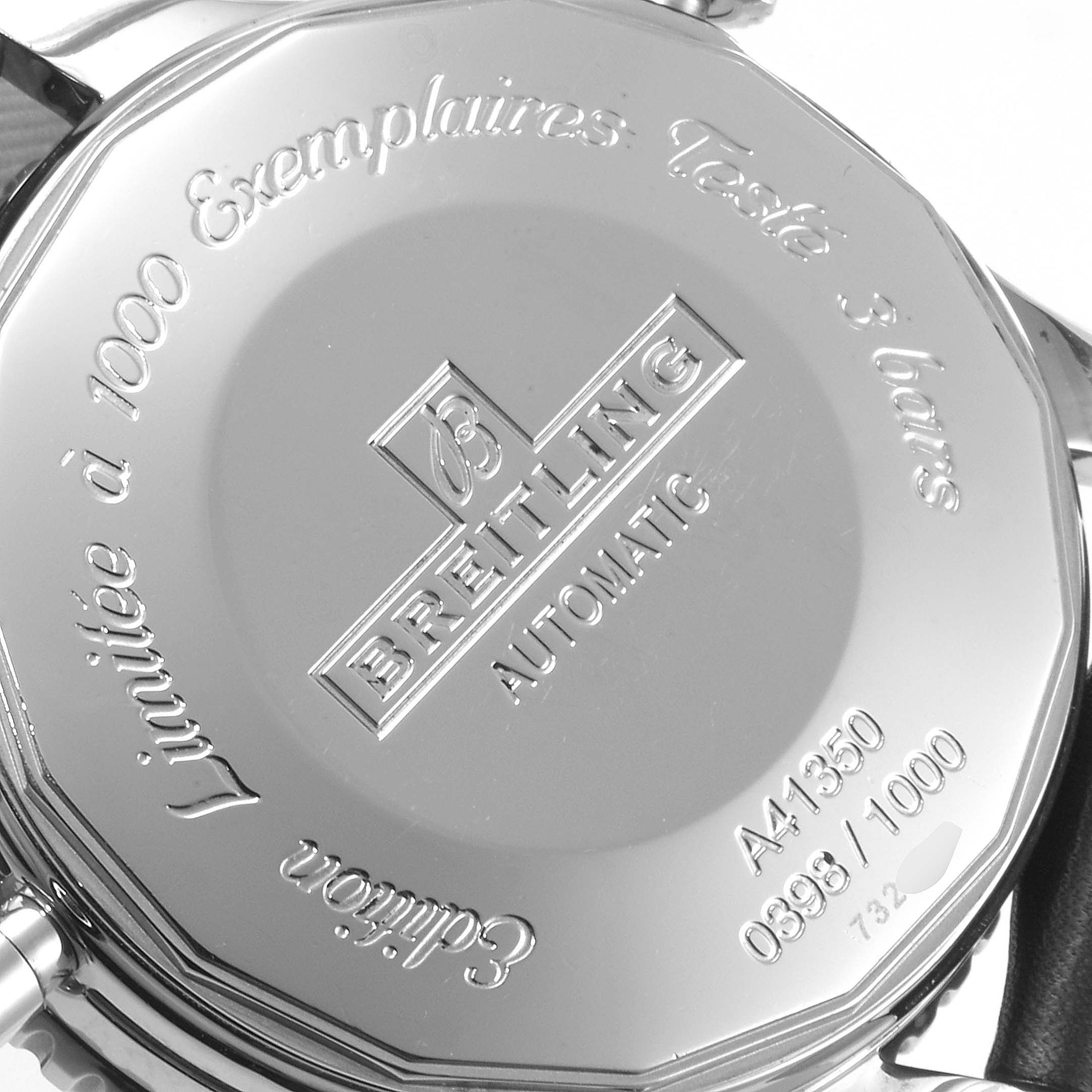 The image shows the back case of a Breitling Chronomatic A41350 Men's Stainless Steel Black Dial A41350 Men's Stainless Steel Black Dial watch, displaying its model number and limited edition details.
