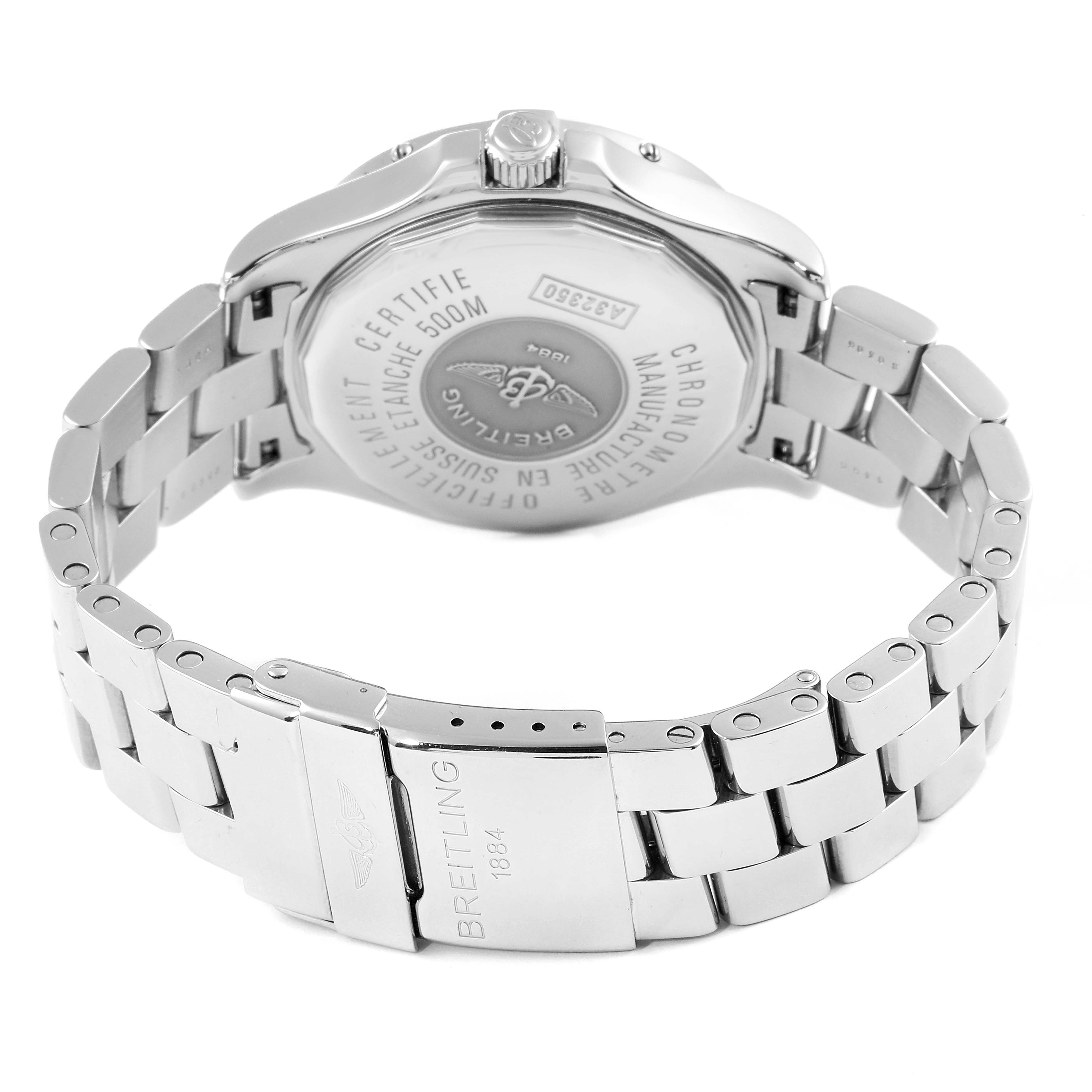 This image shows the back and clasp of the Breitling Colt A32350 Men
s Stainless Steel Silver Dial A32350 Men
s Stainless Steel Silver Dial watch, highlighting the bracelet and case back details.
