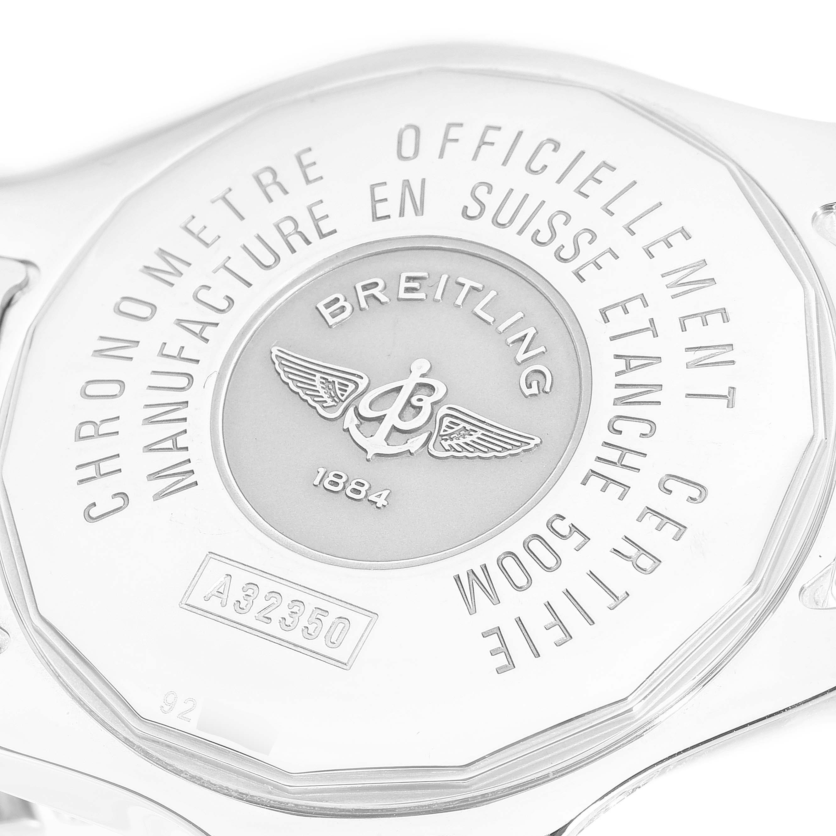 This image shows the back of the Breitling Colt A32350 Men
s Stainless Steel Silver Dial A32350 Men
s Stainless Steel Silver Dial watch, featuring engravings with branding and specifications.