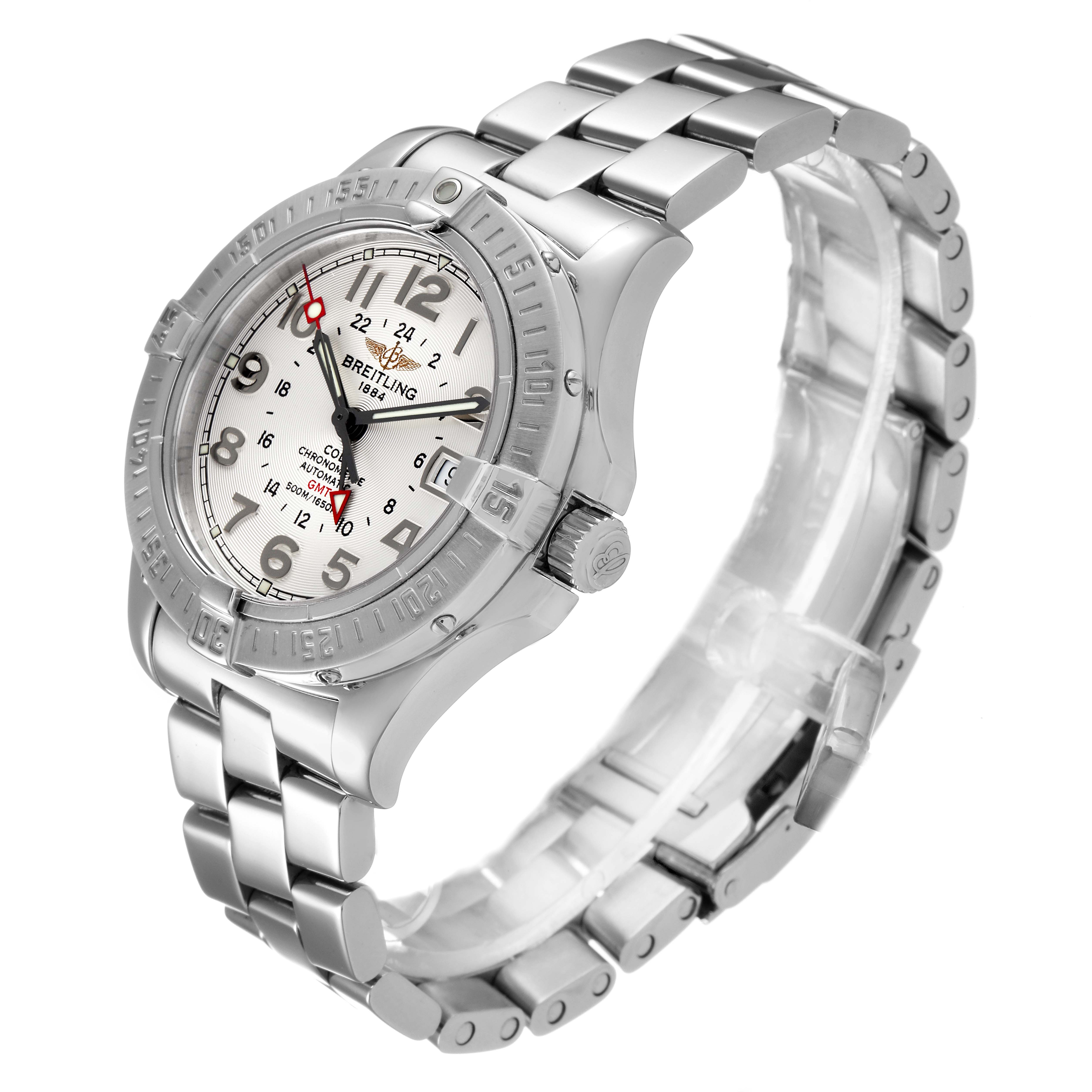 The image shows a Breitling Colt A32350 Men
s Stainless Steel Silver Dial A32350 Men
s Stainless Steel Silver Dial watch from a three-quarter angle, displaying the face, bezel, crown, and stainless steel bracelet.