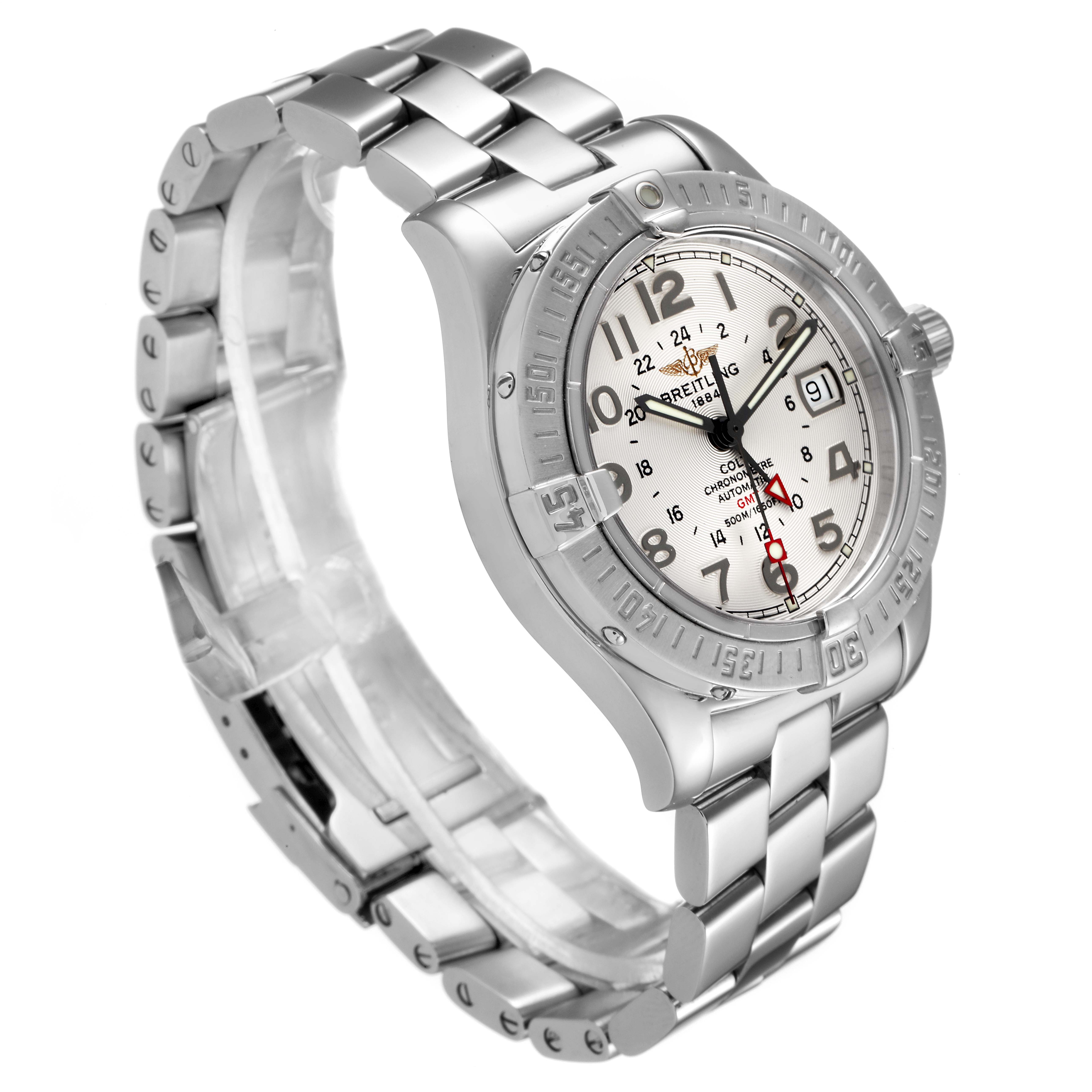 The Breitling Colt A32350 Men
s Stainless Steel Silver Dial A32350 Men
s Stainless Steel Silver Dial watch is shown at a slight angle, displaying the face, bezel, and stainless steel bracelet.