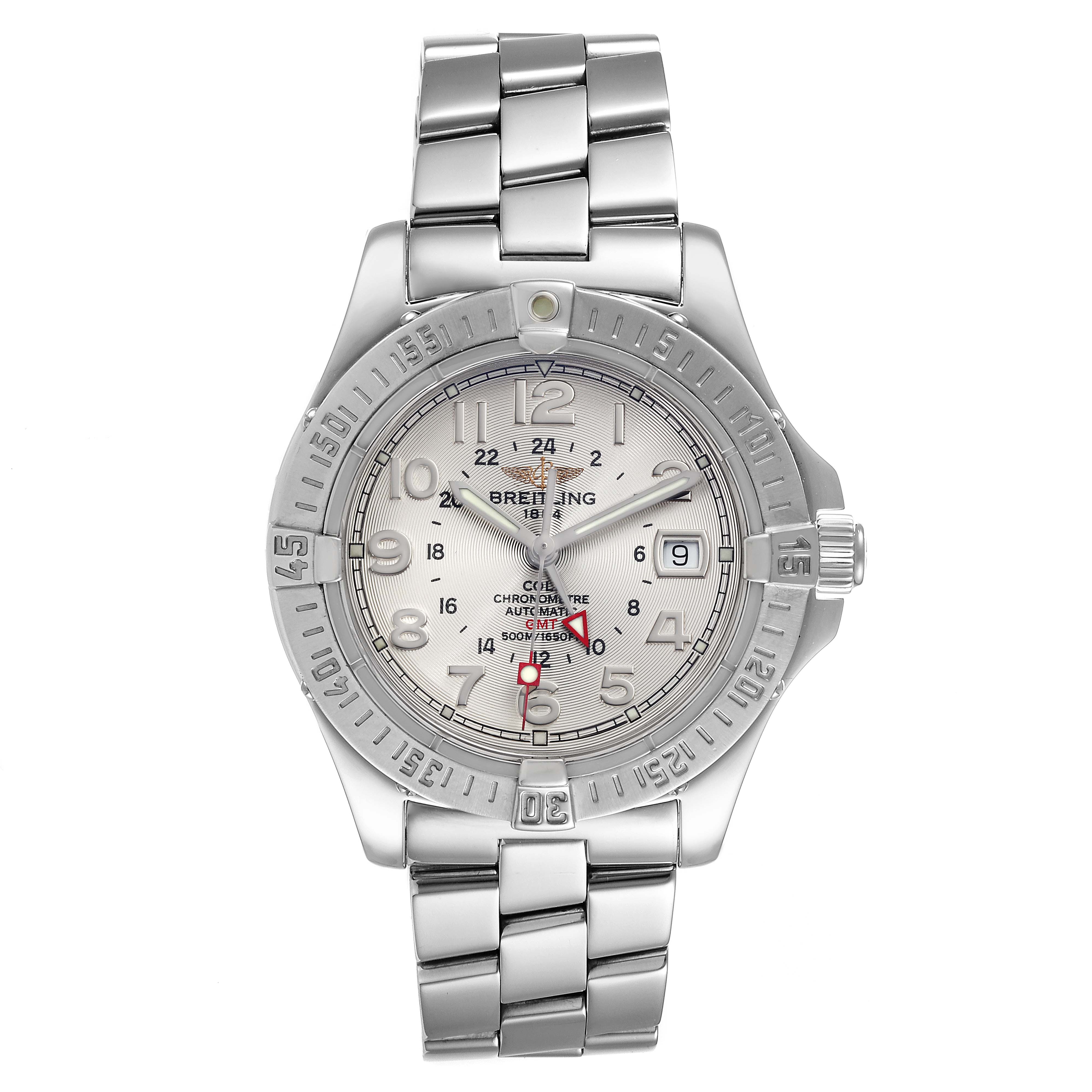 The image shows a Breitling Colt A32350 Men
s Stainless Steel Silver Dial A32350 Men
s Stainless Steel Silver Dial model watch viewed from the top, highlighting the dial, bezel, and metal bracelet.