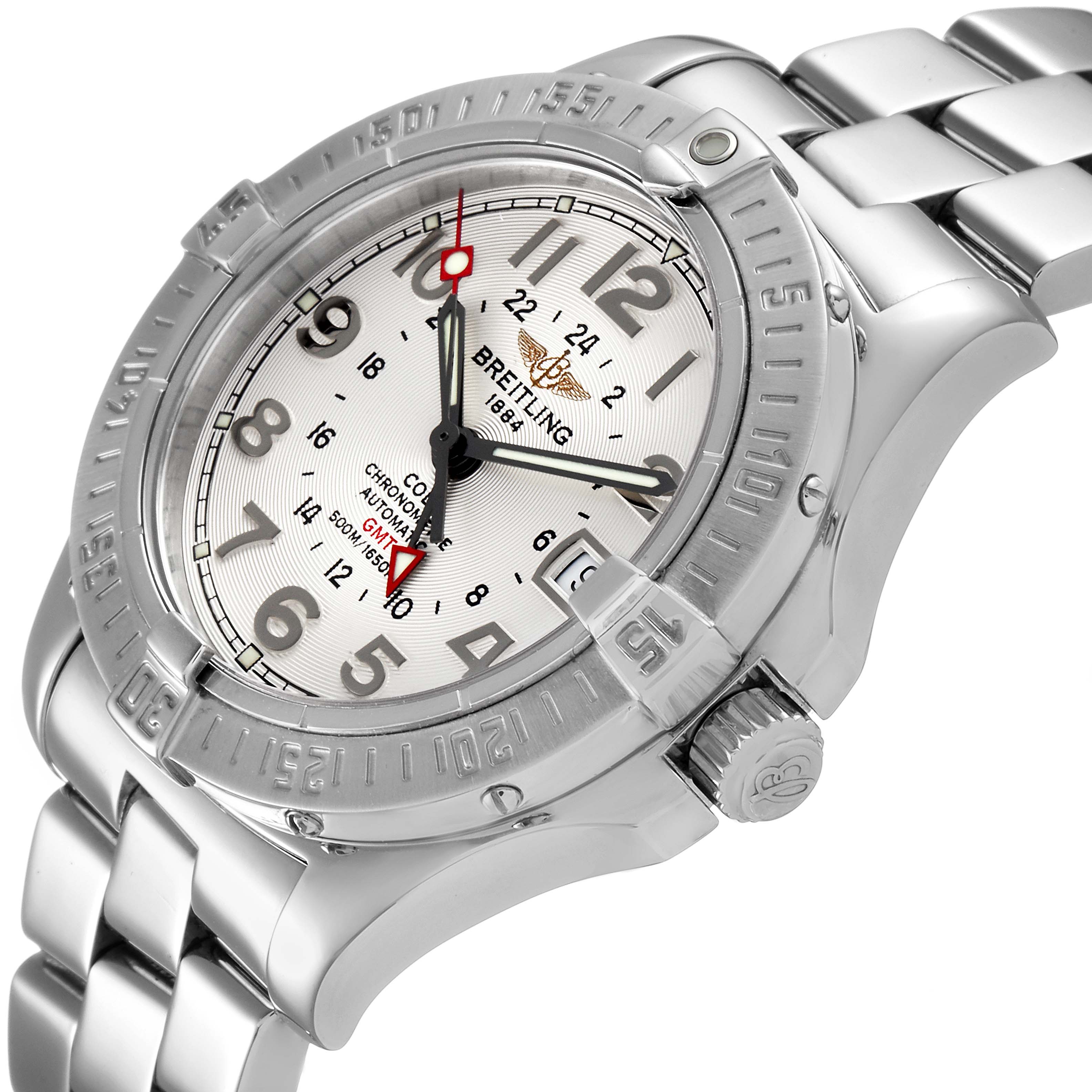 The Breitling Colt A32350 Men
s Stainless Steel Silver Dial A32350 Men
s Stainless Steel Silver Dial watch is shown at an angled view, displaying the dial, bezel, case, and partial bracelet.