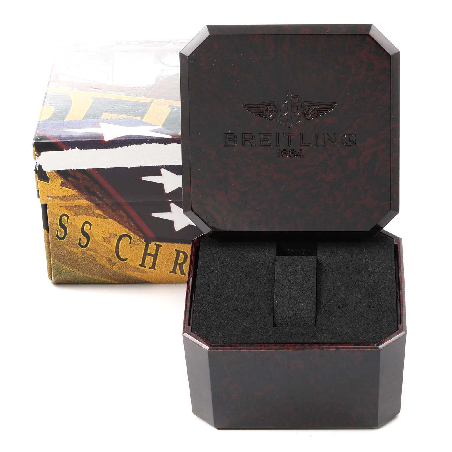 The image shows the open packaging box for a Breitling Colt A32350 Men
s Stainless Steel Silver Dial A32350 Men
s Stainless Steel Silver Dial watch, including the outer and inner boxes.