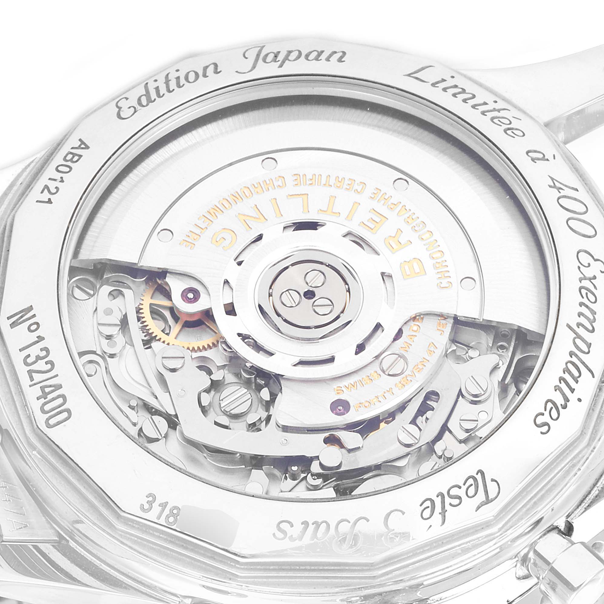 The image shows the back of a Breitling Navitimer AB0121C4-C920-731P Men's Stainless Steel Black Dial AB0121C4-C920-731P Men's Stainless Steel Black Dial watch, highlighting the intricate internal mechanics and engravings.