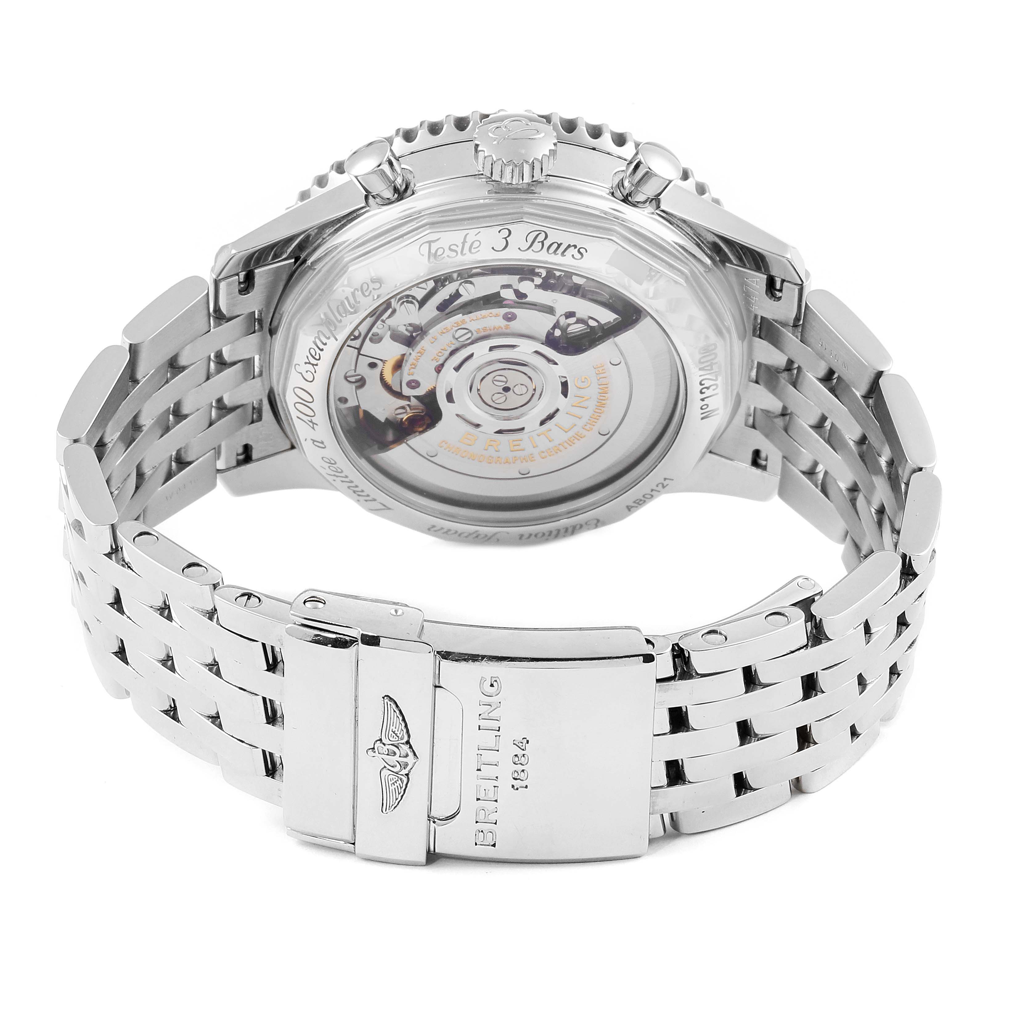 This image shows the back view of a Breitling Navitimer AB0121C4-C920-731P Men's Stainless Steel Black Dial AB0121C4-C920-731P Men's Stainless Steel Black Dial watch, highlighting its exposed automatic movement and metal bracelet.