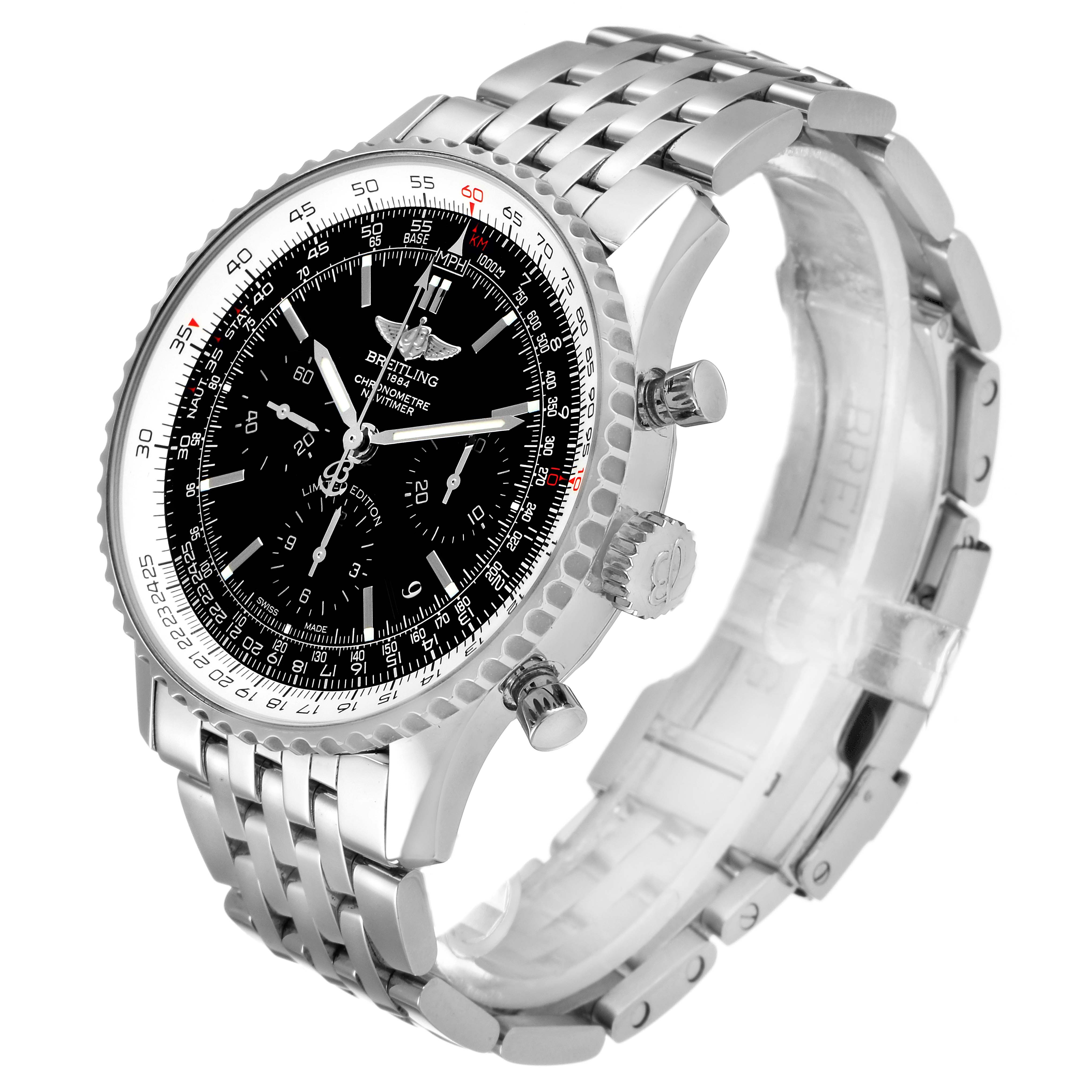 The Breitling Navitimer AB0121C4-C920-731P Men's Stainless Steel Black Dial AB0121C4-C920-731P Men's Stainless Steel Black Dial watch is shown from an angle presenting the face, bezel, crown, pushers, and bracelet.