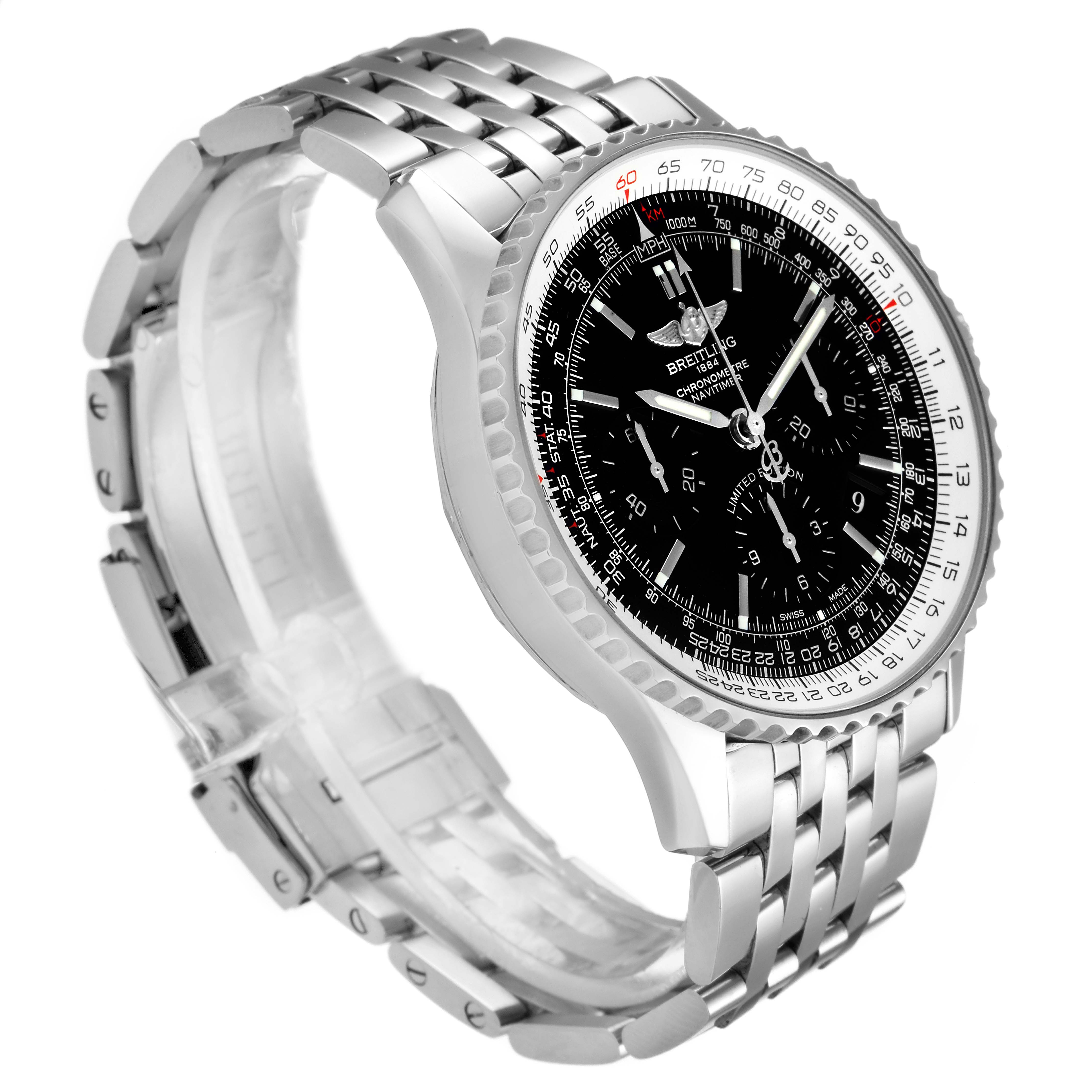 The Breitling Navitimer AB0121C4-C920-731P Men's Stainless Steel Black Dial AB0121C4-C920-731P Men's Stainless Steel Black Dial model is shown at a three-quarter angle, displaying the face, bezel, and metal bracelet.