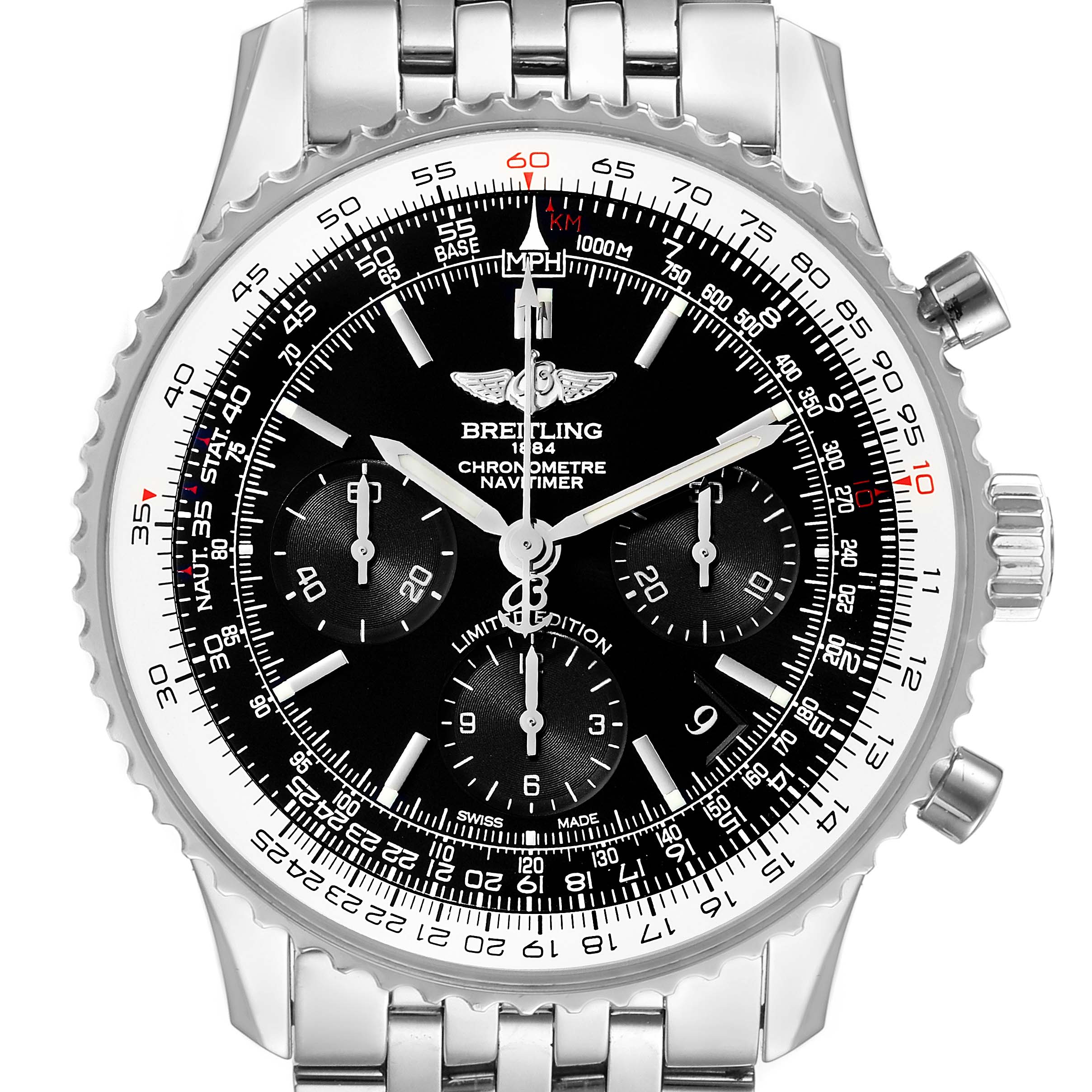 The image shows a front view of the Breitling Navitimer AB0121C4-C920-731P Men's Stainless Steel Black Dial AB0121C4-C920-731P Men's Stainless Steel Black Dial watch, highlighting the dial, bezel, and part of the bracelet.