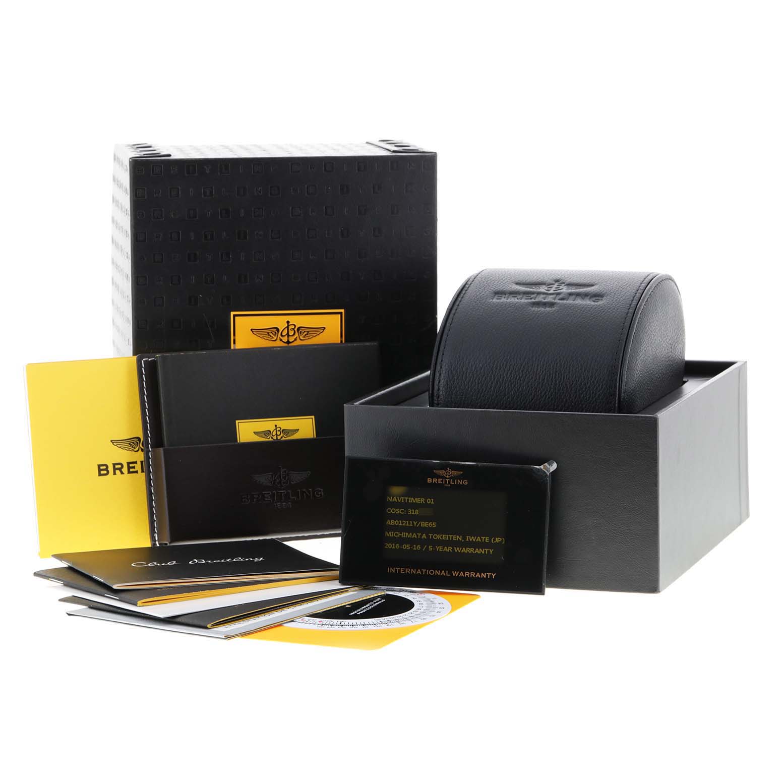 The image shows the packaging, manuals, and warranty cards for a Breitling Navitimer AB0121C4-C920-731P Men's Stainless Steel Black Dial AB0121C4-C920-731P Men's Stainless Steel Black Dial watch, taken from a front angle.