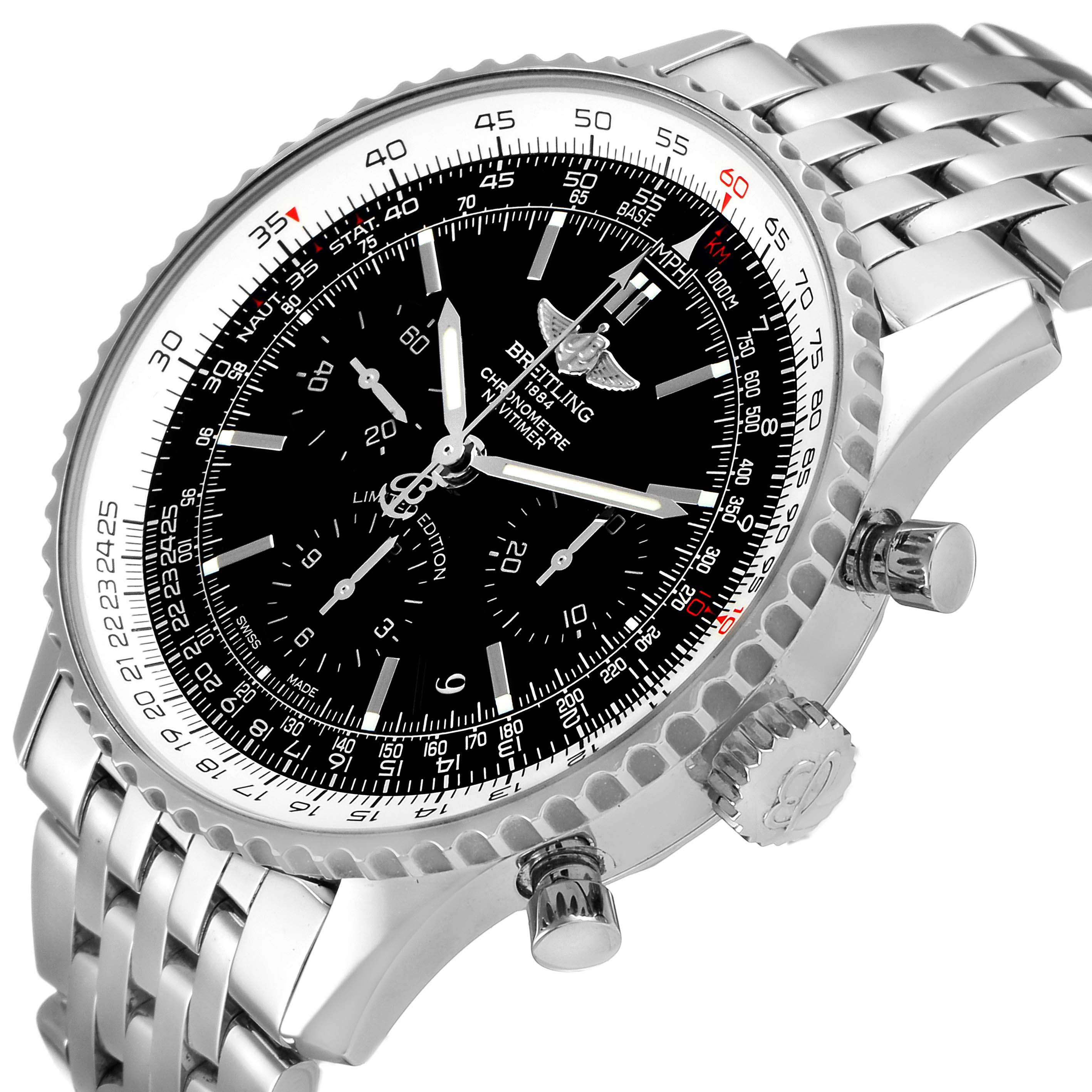 The image is a low-angle view of a Breitling Navitimer AB0121C4-C920-731P Men's Stainless Steel Black Dial AB0121C4-C920-731P Men's Stainless Steel Black Dial watch showing its dial, bezel, crown, pushers, and metal bracelet.