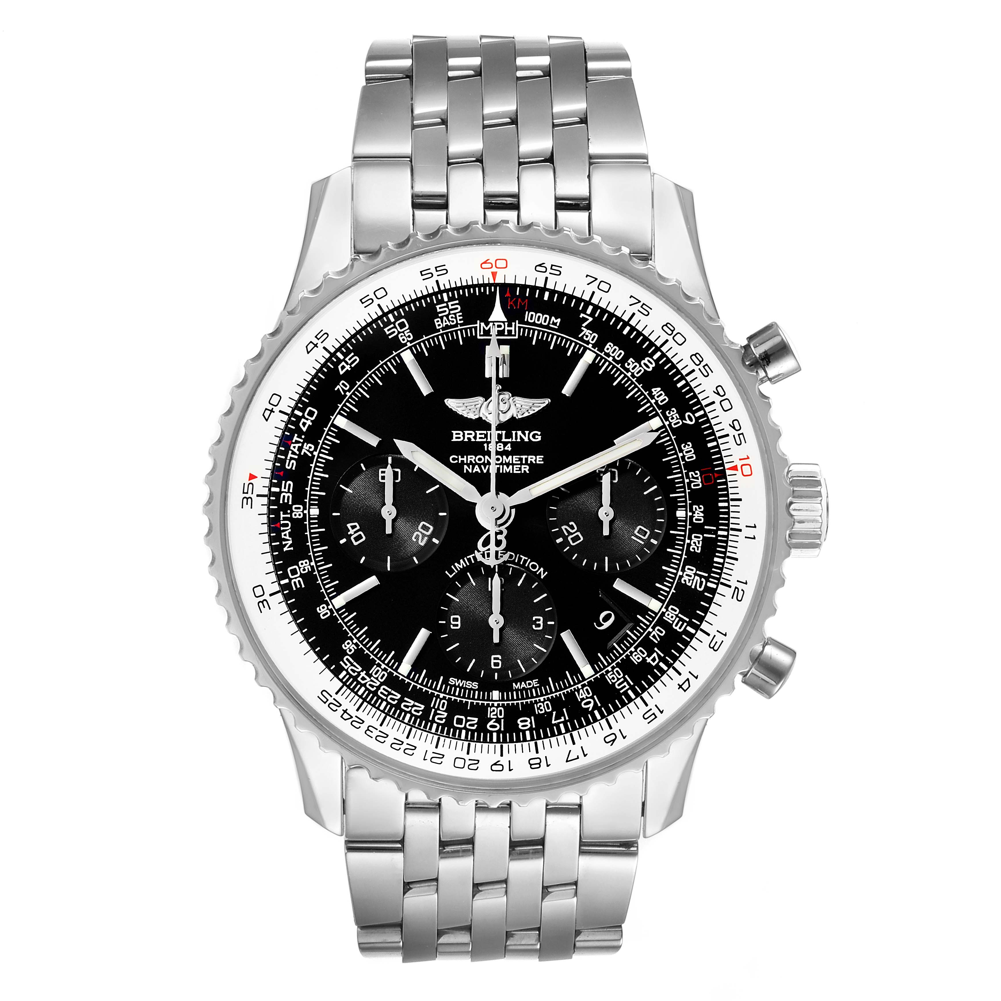 The image shows a front view of a Breitling Navitimer AB0121C4-C920-731P Men's Stainless Steel Black Dial AB0121C4-C920-731P Men's Stainless Steel Black Dial watch featuring a black dial and silver bracelet.