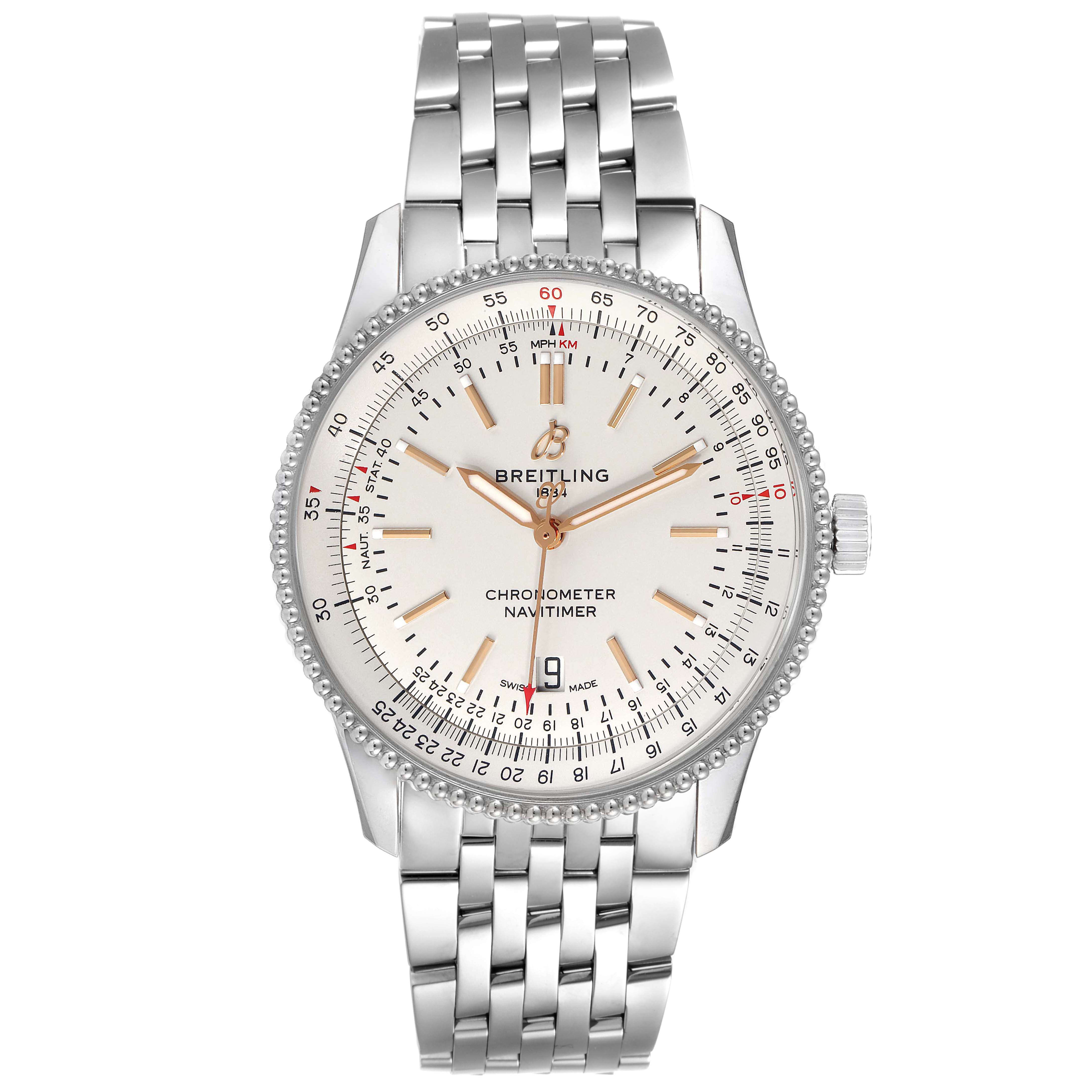 This image shows a Breitling Navitimer A17326 Men
s Stainless Steel Silver Dial A17326 Men
s Stainless Steel Silver Dial watch from a front angle, displaying the dial and stainless steel bracelet.