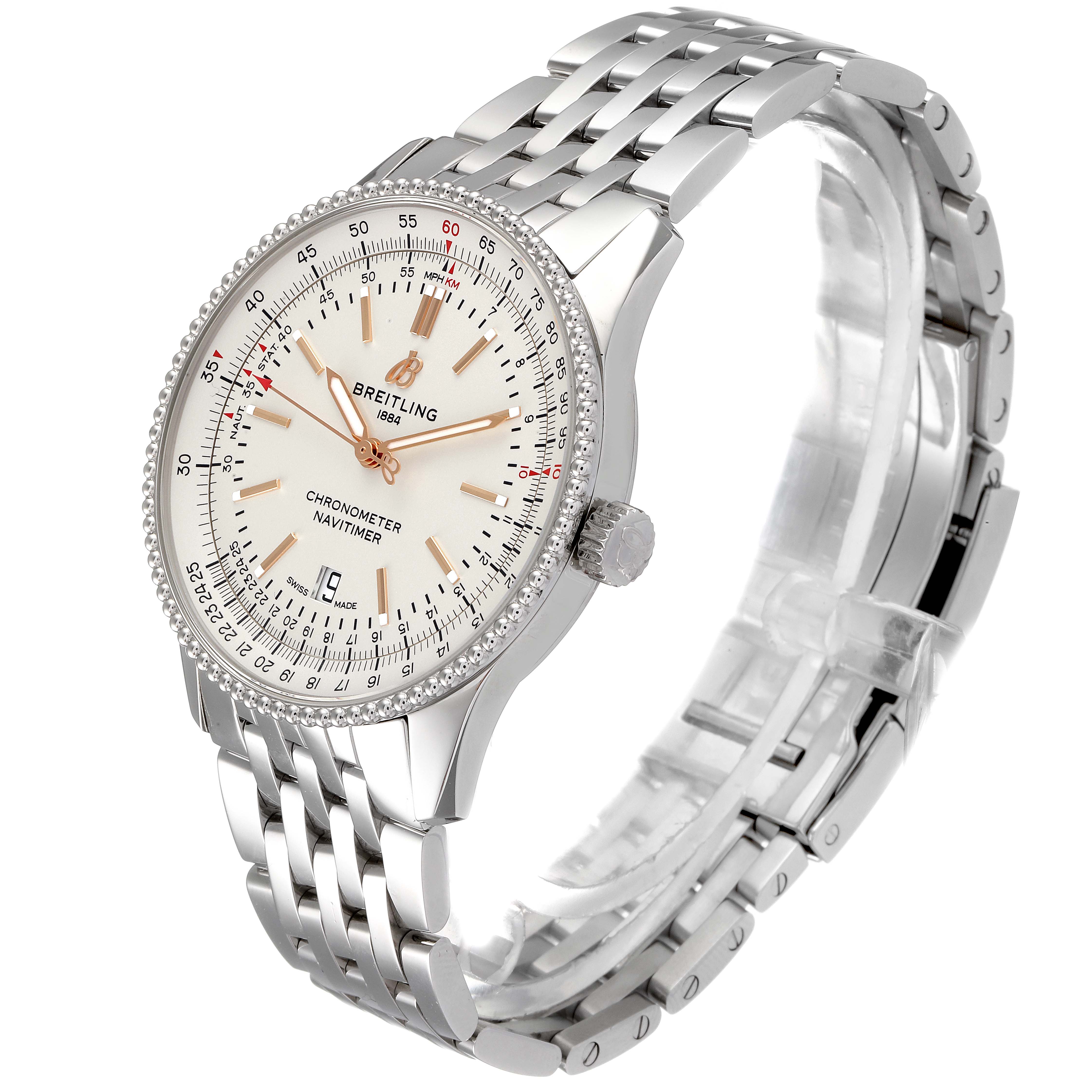 The image shows a Breitling Navitimer A17326 Men
s Stainless Steel Silver Dial A17326 Men
s Stainless Steel Silver Dial watch at a three-quarter angle, highlighting its dial, bezel, crown, and stainless steel bracelet.