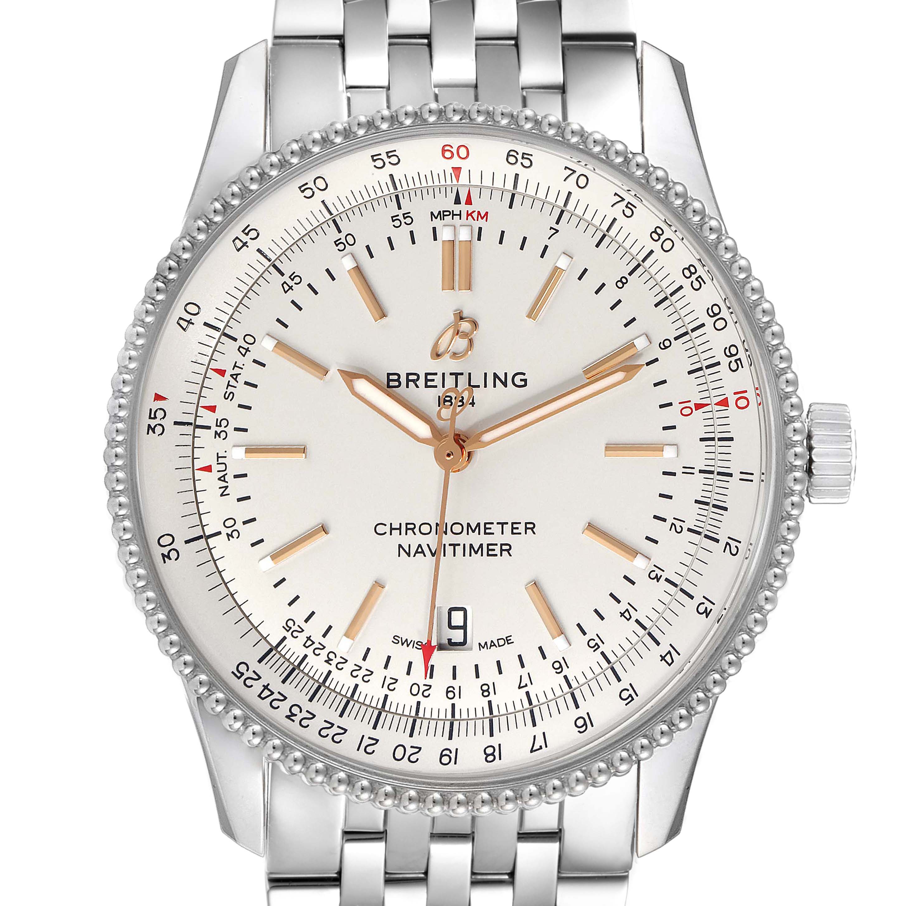 The Breitling Navitimer A17326 Men
s Stainless Steel Silver Dial A17326 Men
s Stainless Steel Silver Dial watch is shown from a frontal angle, highlighting its face, bezel, crown, and stainless steel bracelet.