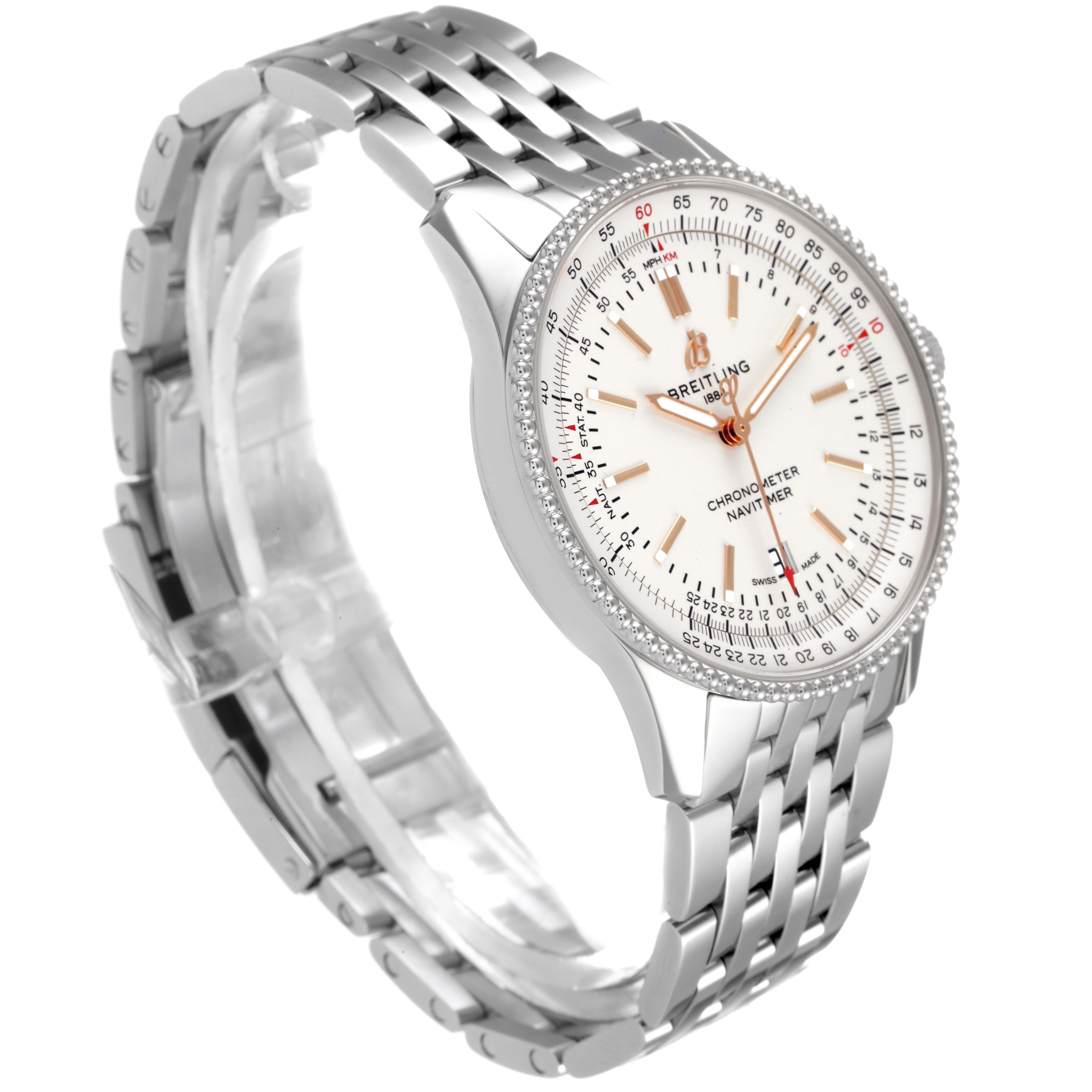 The image shows a partially side-angled view of a Breitling Navitimer A17326 Men
s Stainless Steel Silver Dial A17326 Men
s Stainless Steel Silver Dial watch, highlighting the dial, bezel, and metal bracelet.
